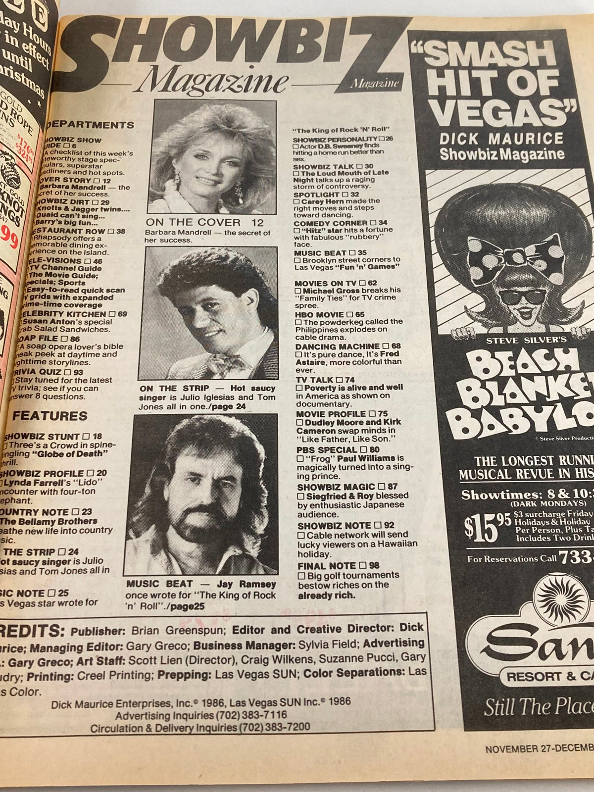 Interior page of VTG Showbiz Magazine dated November 27, 1988, displaying magazine features including celebrity profiles and entertainment news, reflecting 80s showbiz culture.