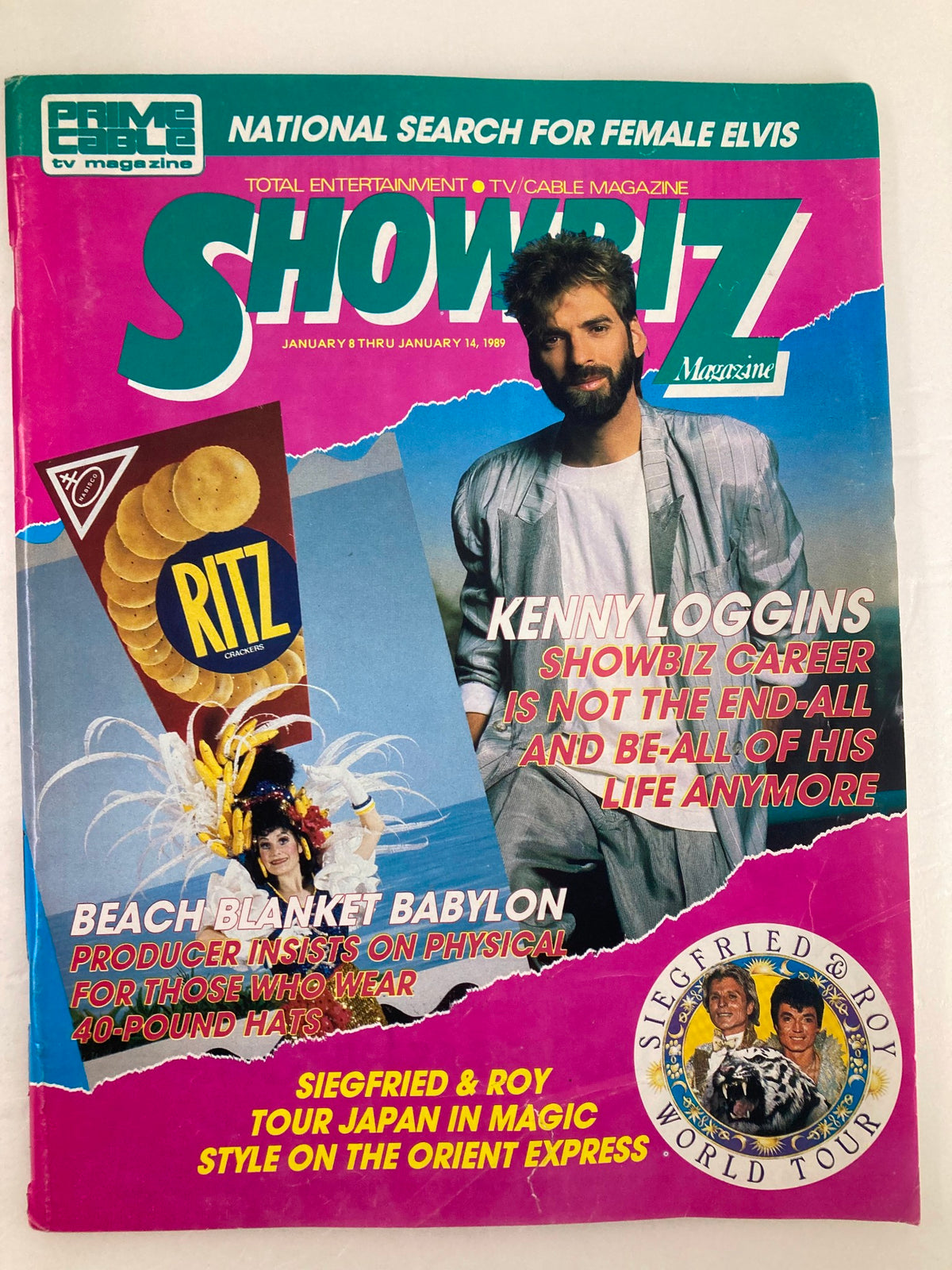 Cover of VTG Showbiz Magazine January 8 1989 featuring Kenny Loggins and Siegfried & Roy, highlighting entertainment culture of the late 80s.