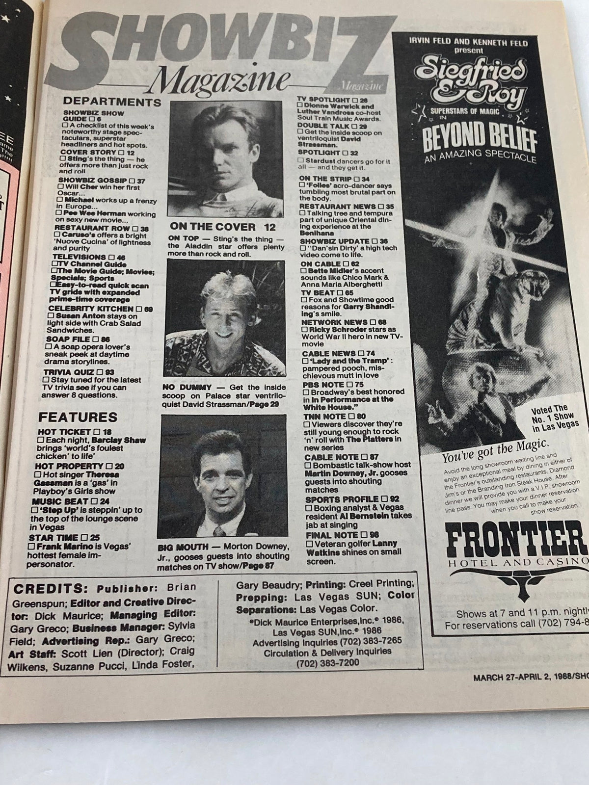 Interior page of VTG Showbiz Magazine, March 27, 1988. Features celebrity articles and highlights, including Morton Downey Jr. and Sting. Offers a glimpse into the entertainment landscape of the late 80s.