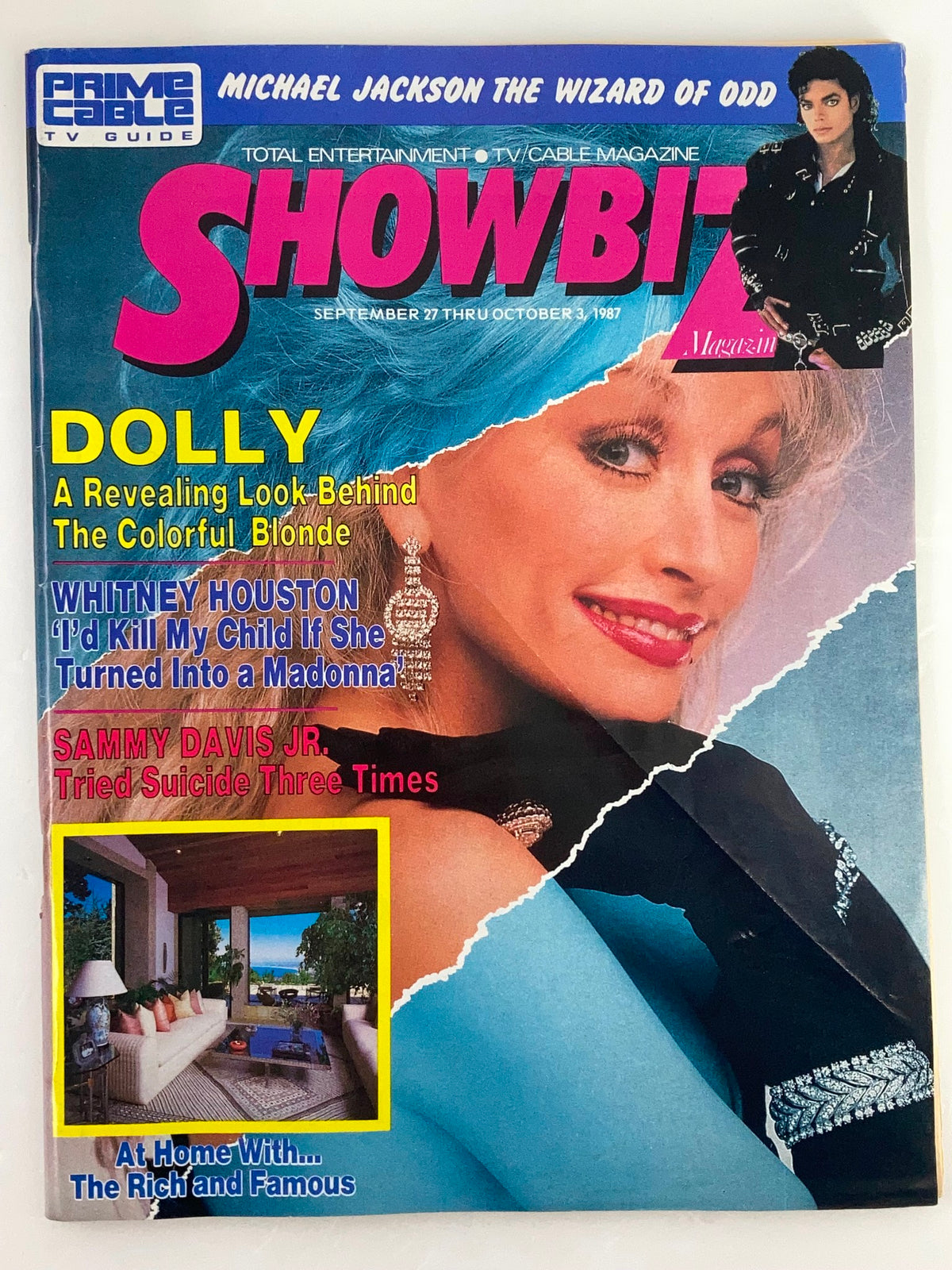 Cover of VTG Showbiz Magazine September 27 1987 featuring Dolly Parton and Michael Jackson, showcasing vibrant colors and retro design.