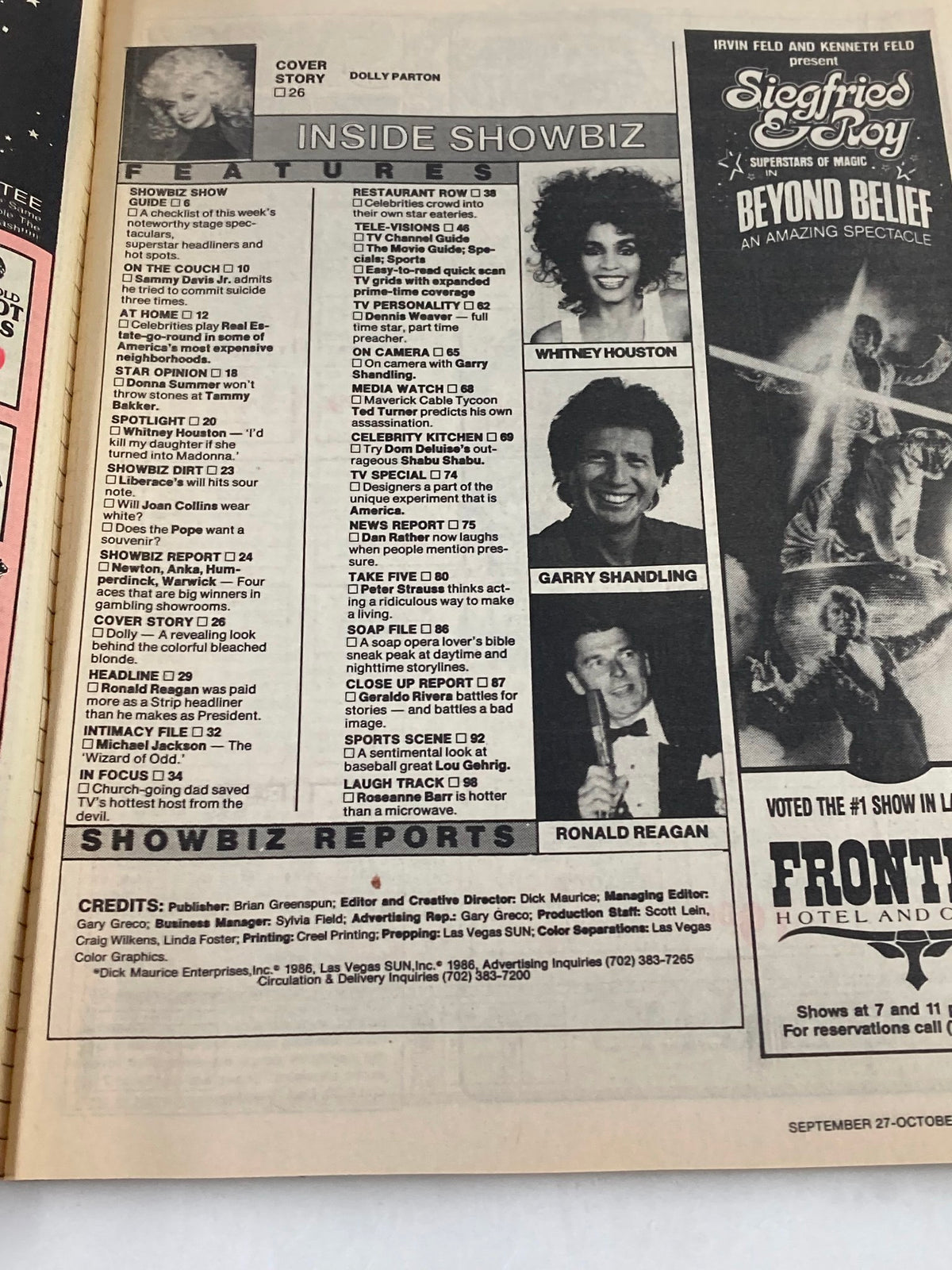 Inside page of VTG Showbiz Magazine from September 27 1987, highlighting articles and features including Dolly Parton's cover story.