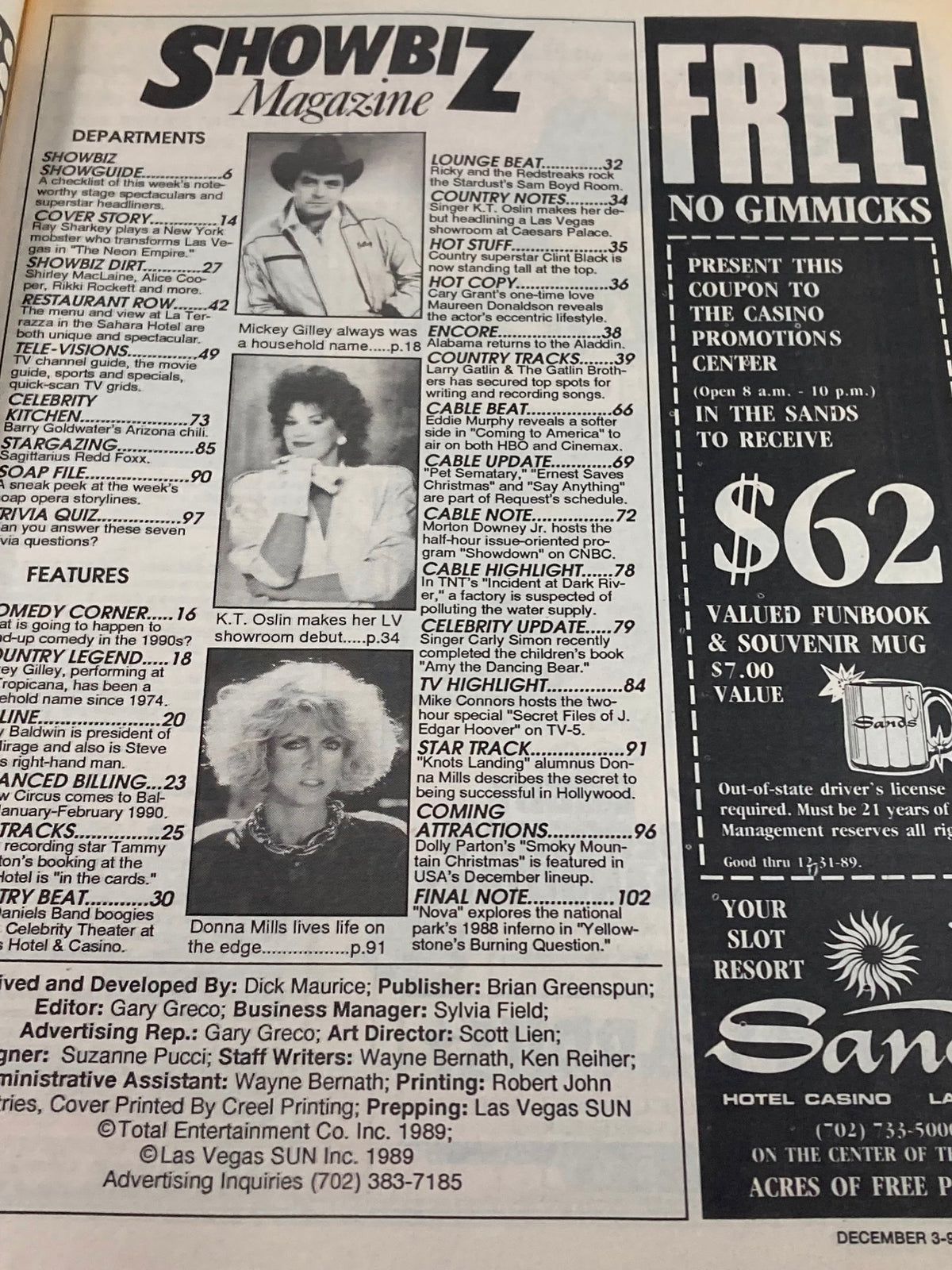 Inside page of Showbiz Magazine from December 3, 1989. Highlights include features and articles on celebrities and entertainment related to the Neon Empire and Las Vegas.