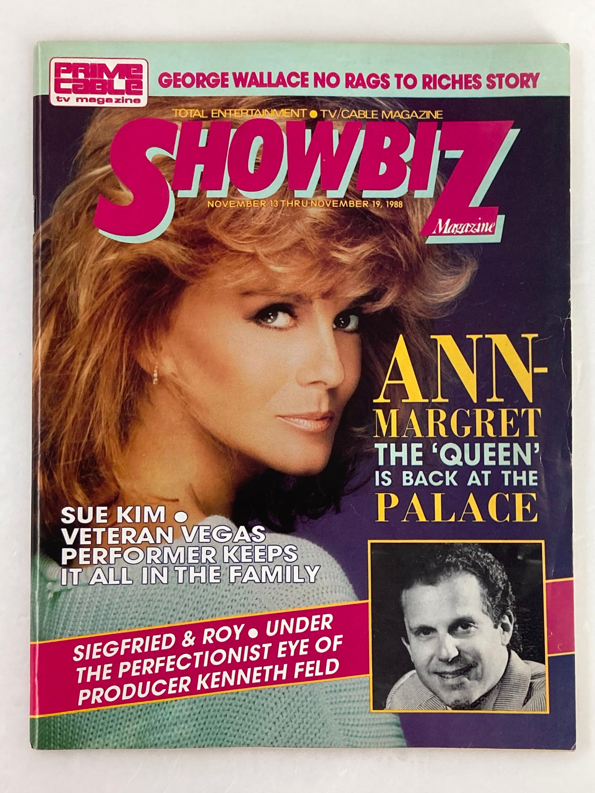 Cover of VTG Showbiz Magazine dated November 13, 1988, featuring Ann Margret and Sue Kim, highlighting entertainment stories of the late '80s.