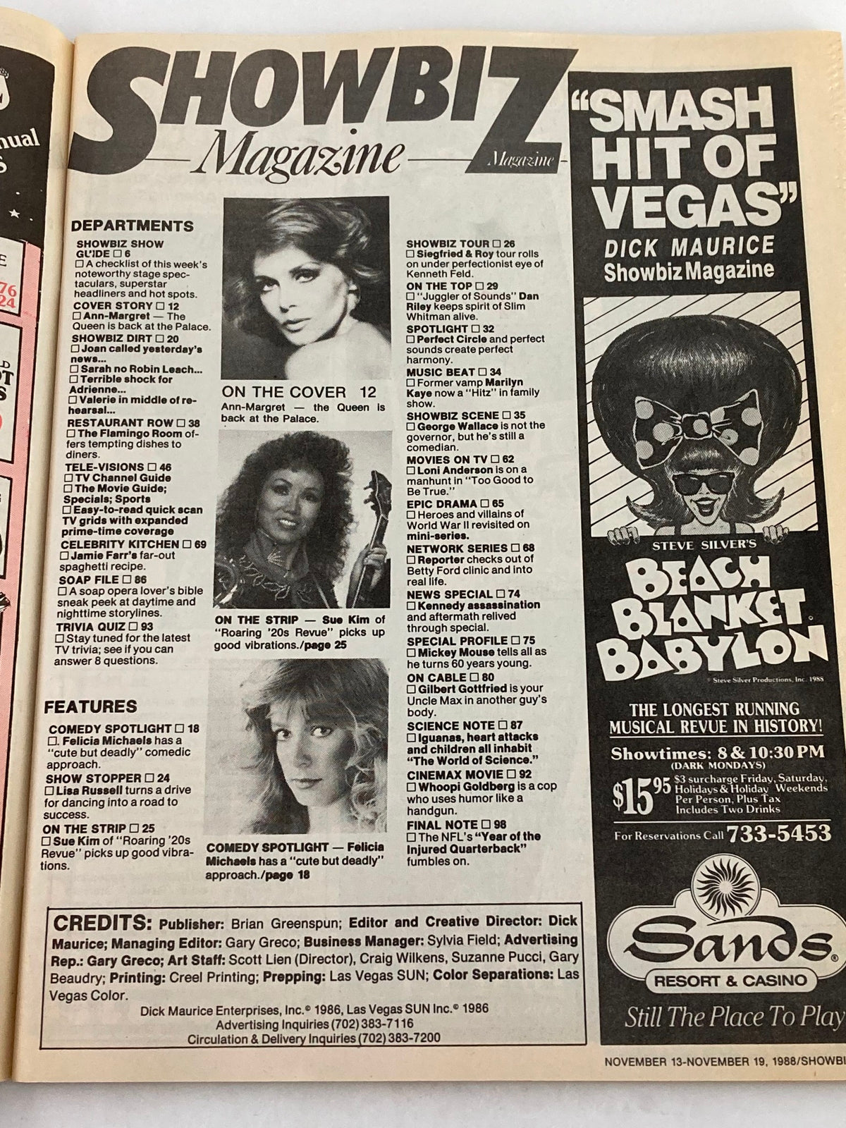 Inside page of VTG Showbiz Magazine November 13, 1988, displaying contents and features including Ann Margret on the cover and Sue Kim's profile.