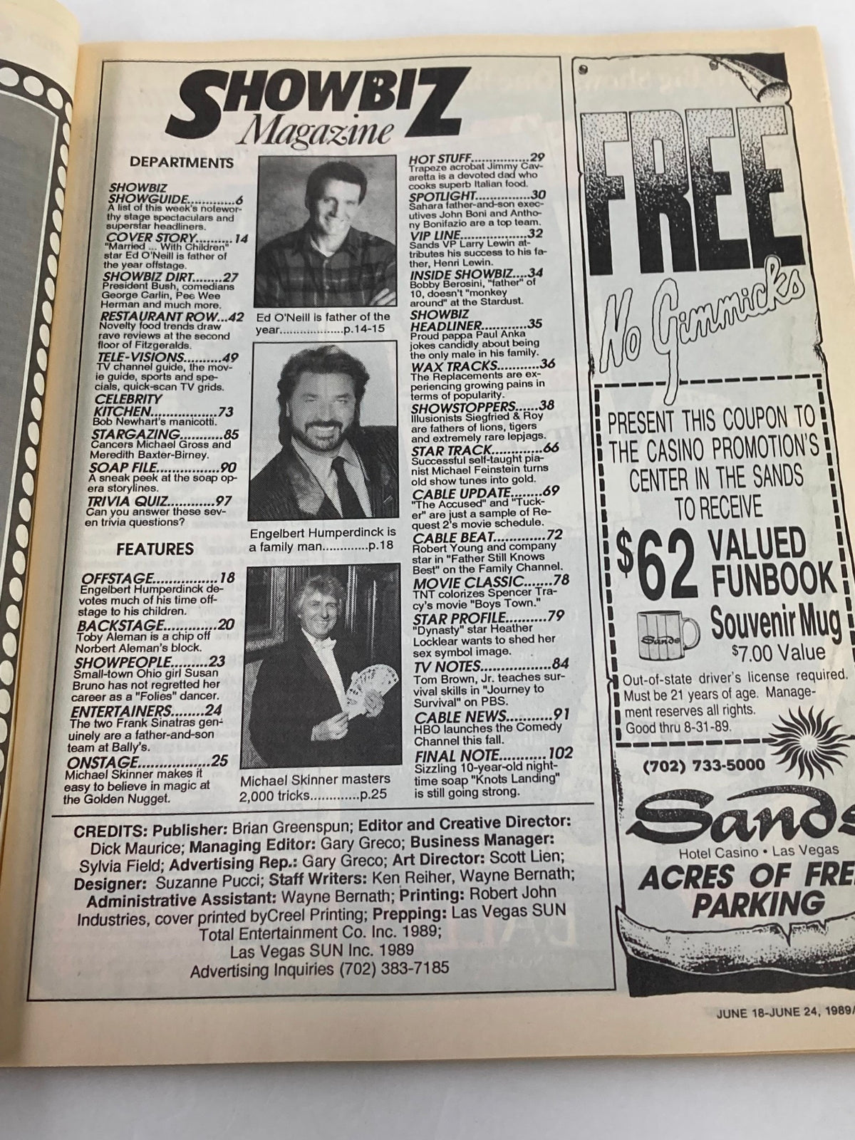 VTG Showbiz Magazine June 18 1989 interior page displaying articles and features including Ed O'Neill named Father of the Year.