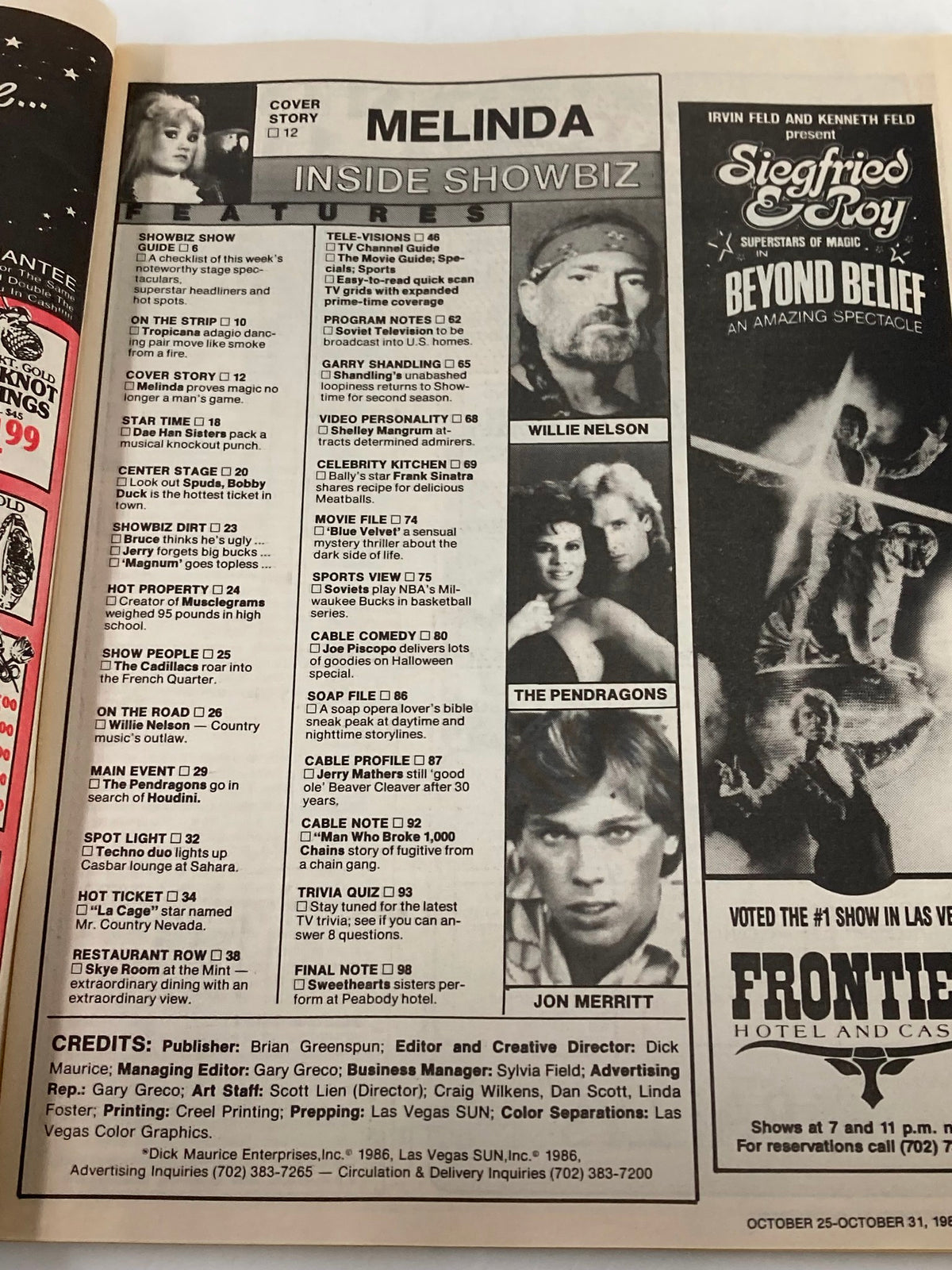 Interior page of Showbiz Magazine from October 25, 1987 featuring Melinda The Magician in the table of contents. Highlights various entertainment articles and features alongside a nostalgic glimpse of the 1980s.