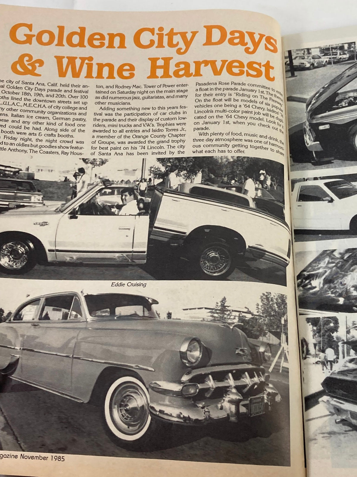 Inside page of Low Rider Magazine November 1985 showing an article titled 'Golden City Days & Wine Harvest' with images of classic cars.