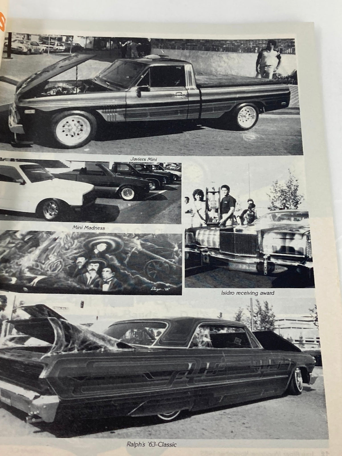 Featured cars in Low Rider Magazine November 1985, showcasing custom vehicles including a mini truck, with the title on the page.