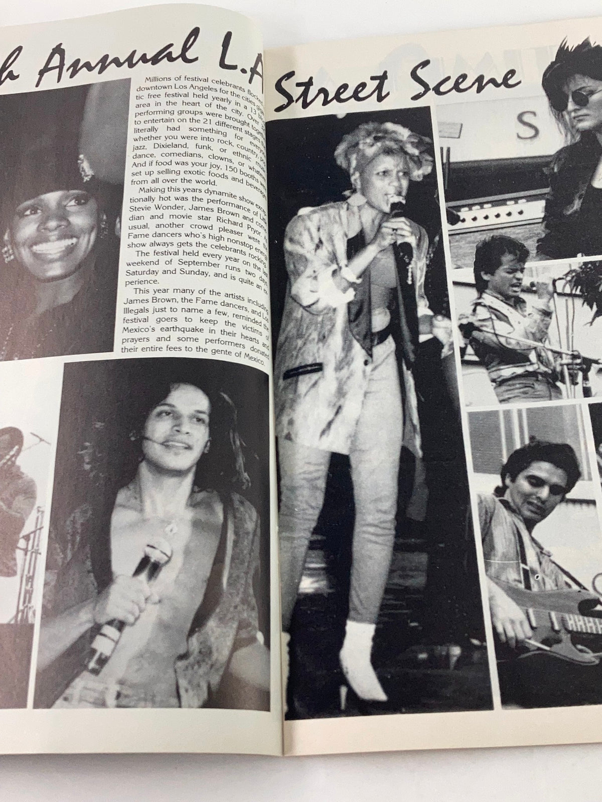 An article from Low Rider Magazine November 1985 depicting the LA Street Scene featuring performers and musicians.