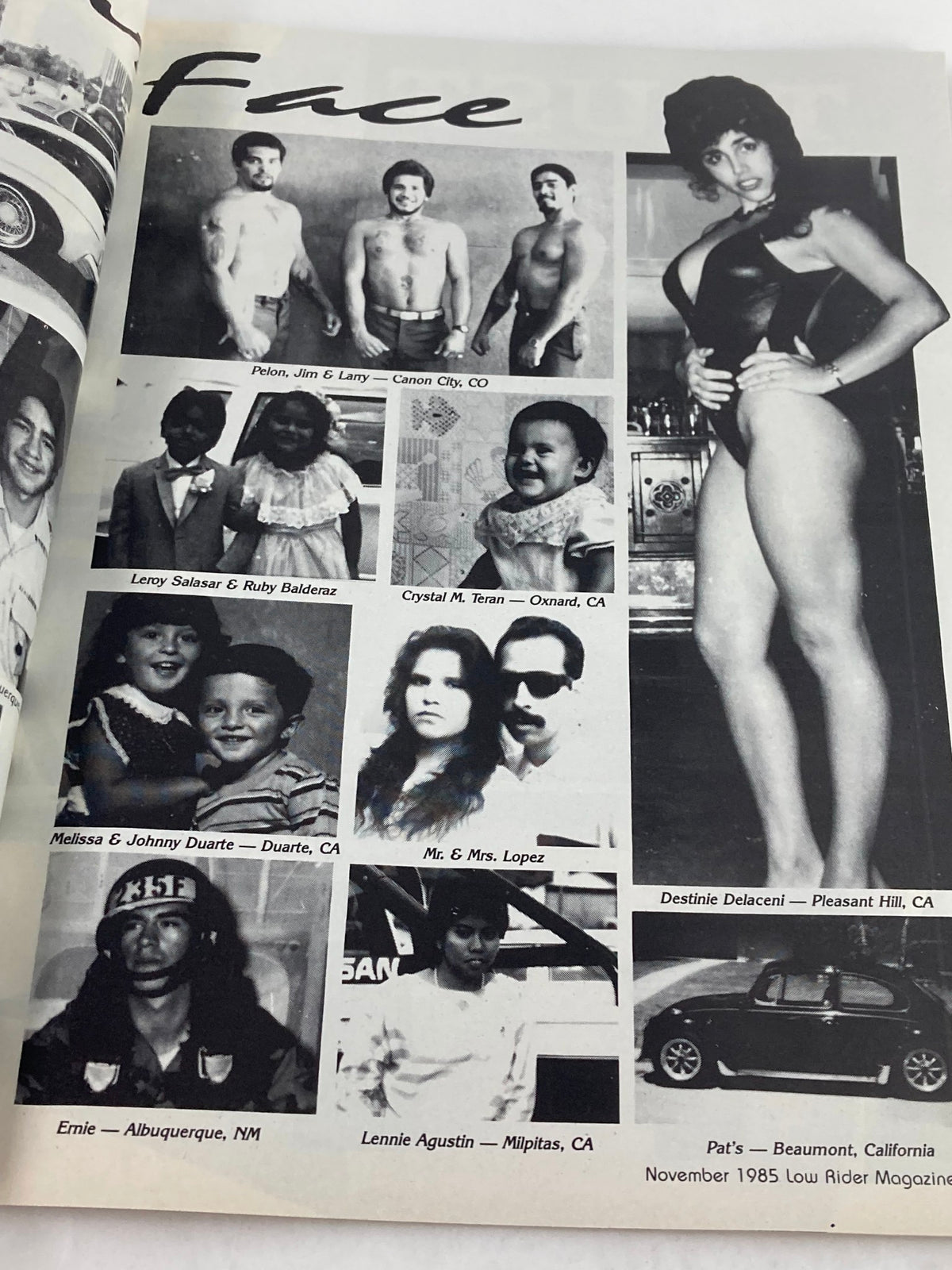Portraits and highlights from readers in Low Rider Magazine November 1985, showcasing various individuals and cars with 'Face' title.