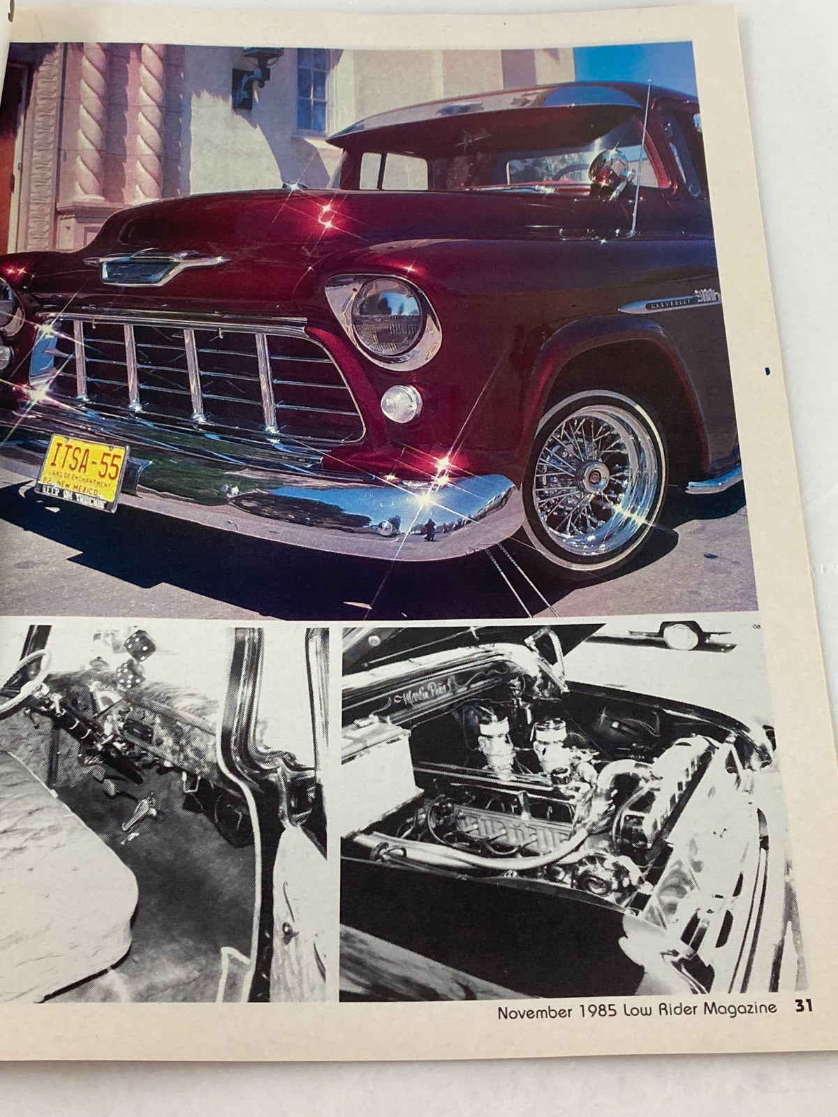 VTG LowRider Magazine November 1985 featuring a classic red low rider car with shiny chrome details. This image highlights the iconic automotive culture of the 1980s.
