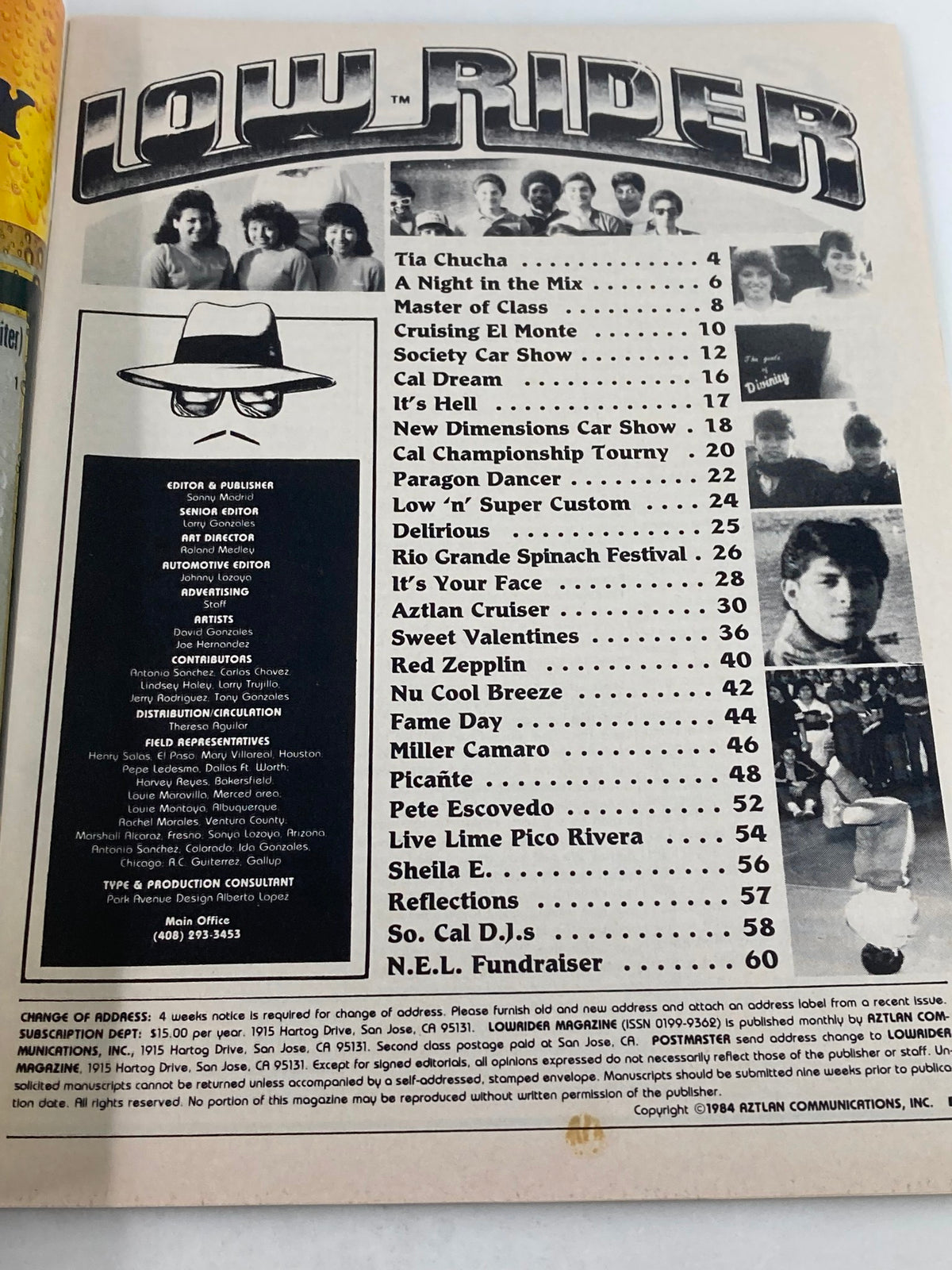 Table of contents page from VTG LowRider Magazine March 1985 detailing articles, features, and contributors, including Sheila E.