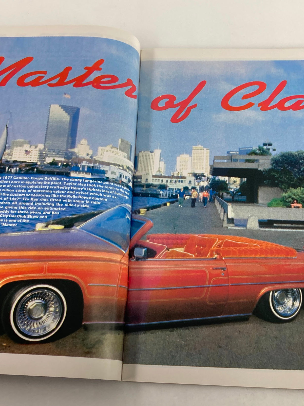 Interior spread from VTG LowRider Magazine March 1985 showcasing a customized Cadillac car titled 'Master of Class'.
