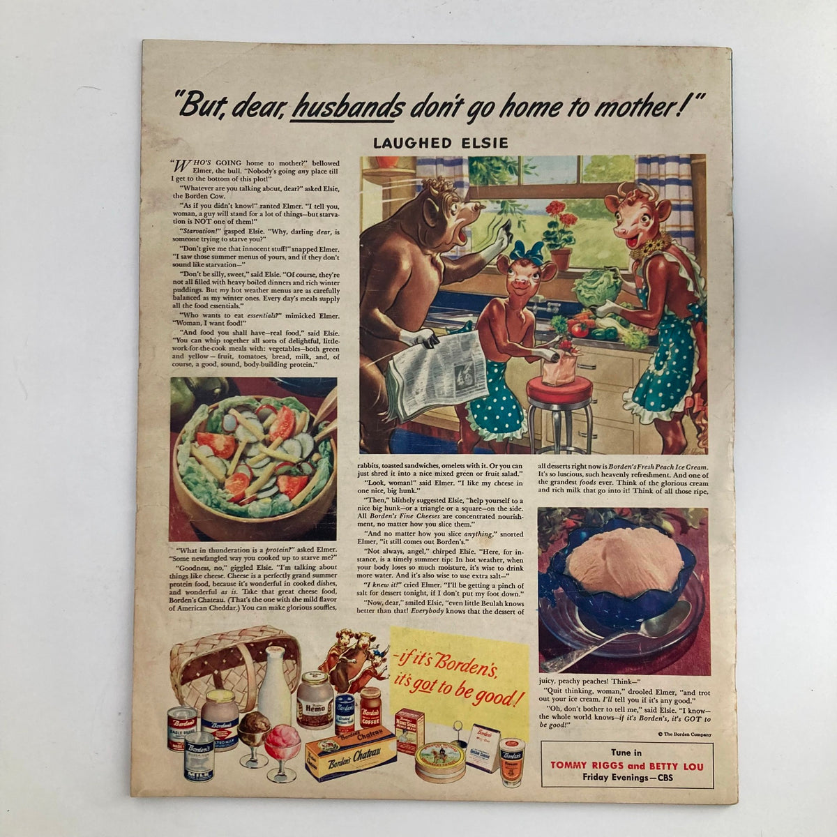 Back cover of VTG Look Magazine August 6, 1946 featuring an advertisement with a humorous illustration and vintage food imagery.