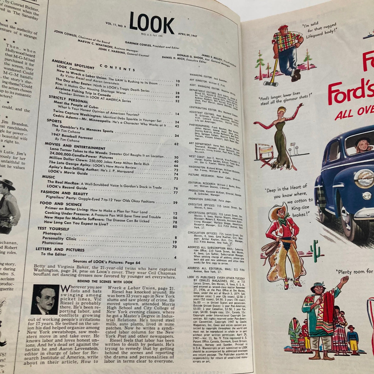 Interior page of VTG Look Magazine April 29 1947 displaying the table of contents, highlighting articles and features of mid-20th century culture.
