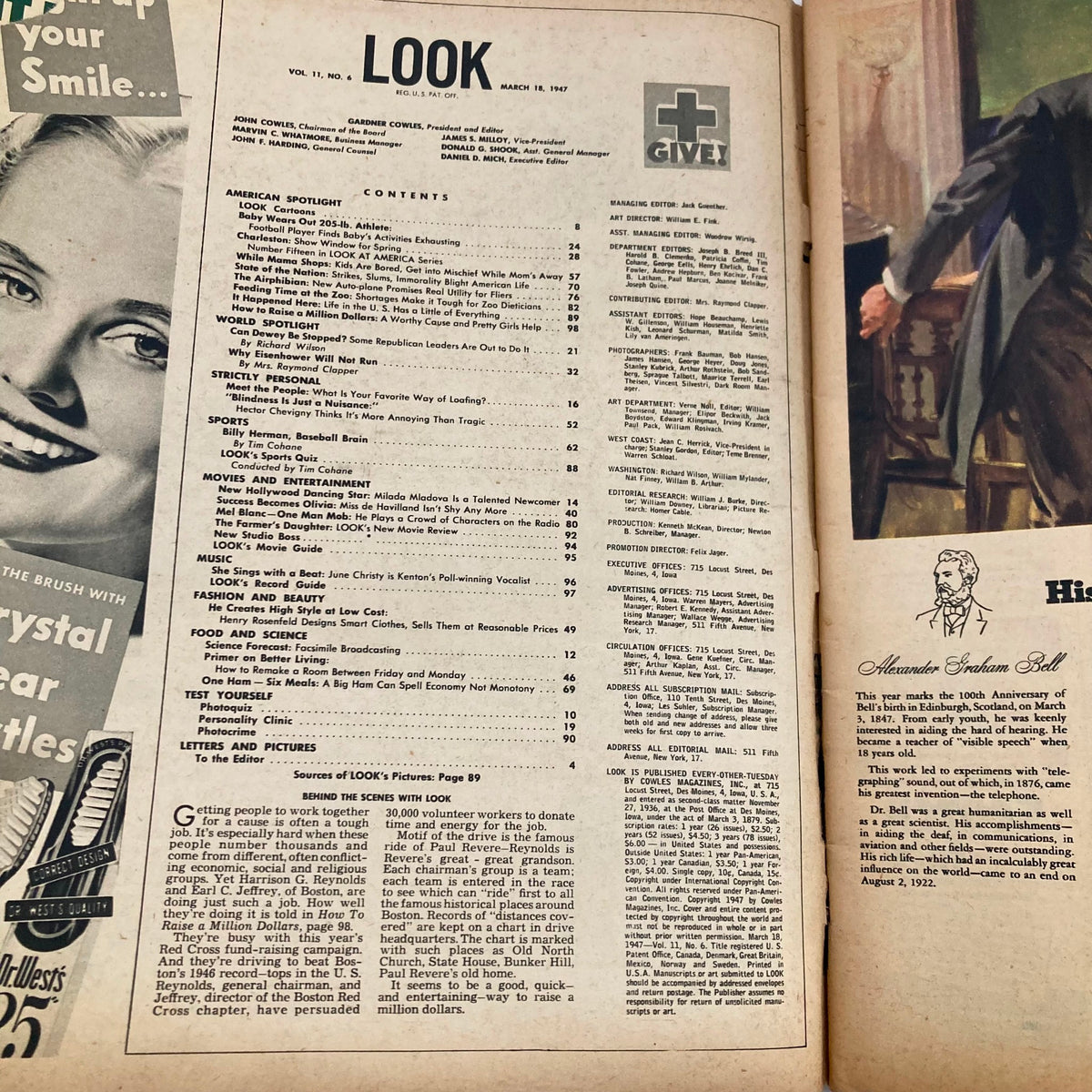 Content page from VTG Look Magazine March 18, 1947 including articles, highlights and features reflecting the magazine's focus on American culture post-World War II.