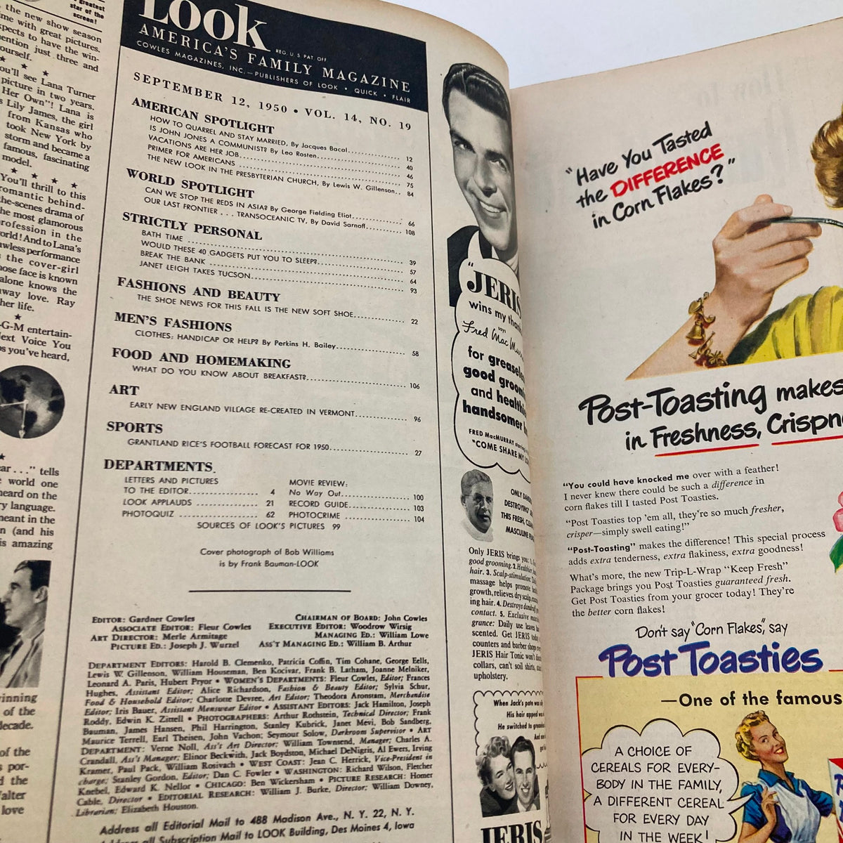 Inside page of VTG Look Magazine from September 12 1950 displaying the table of contents and various articles, representing mid-century American culture and lifestyle.