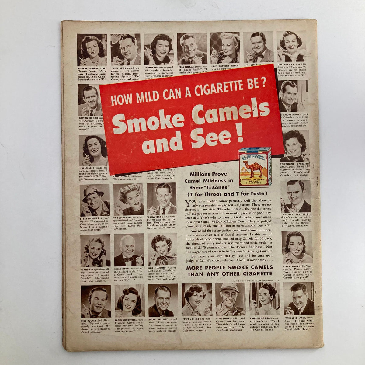 Back cover of VTG Look Magazine September 12 1950 featuring an advertisement for Camel cigarettes, highlighting the promotional style of the time with celebrity endorsements.