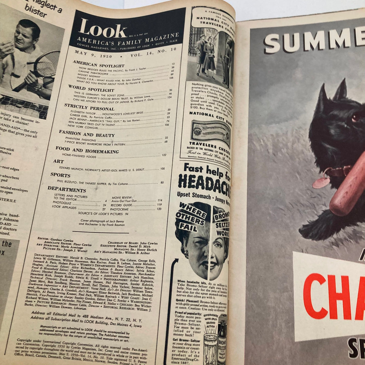 Interior page of VTG Look Magazine May 9 1950 featuring a table of contents and advertisements, showcasing the culture and entertainment from that era.