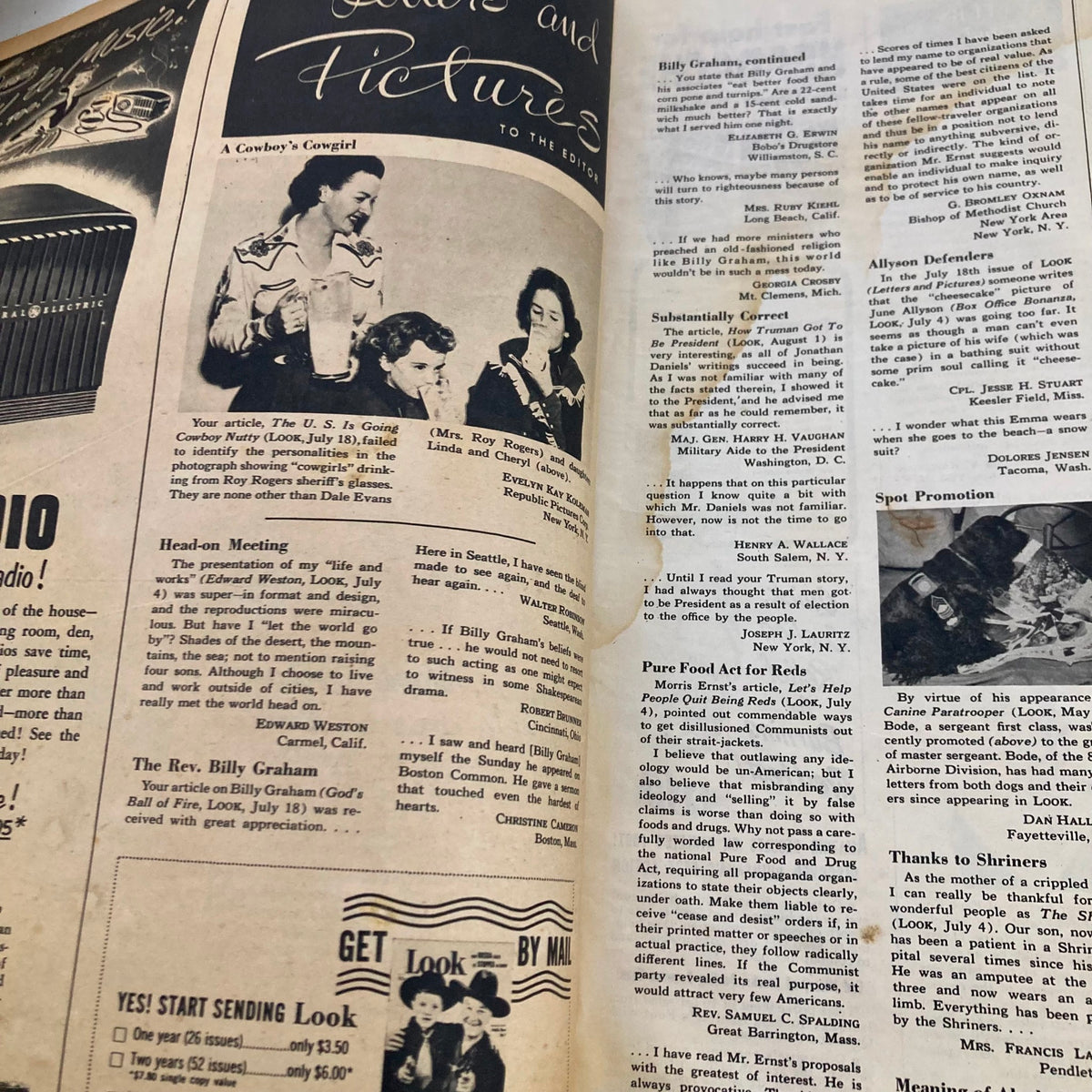 Interior page from VTG Look Magazine August 29 1950 showing letters to the editor, highlighting contemporary commentary and insights into mid-20th century American culture.