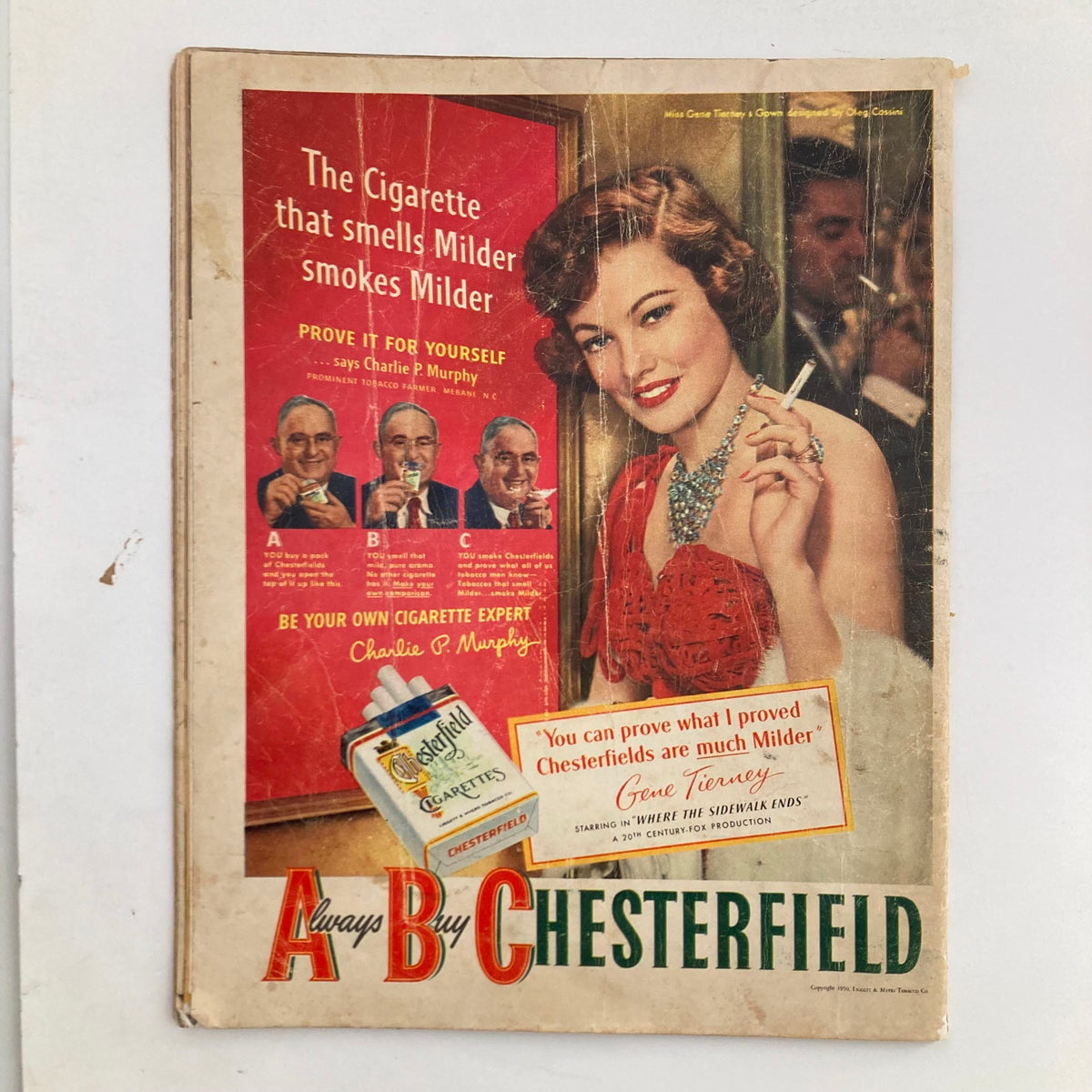 Back cover of VTG Look Magazine August 29 1950 displaying an advertisement for Chesterfield cigarettes featuring a glamorous woman, representing mid-century marketing trends.