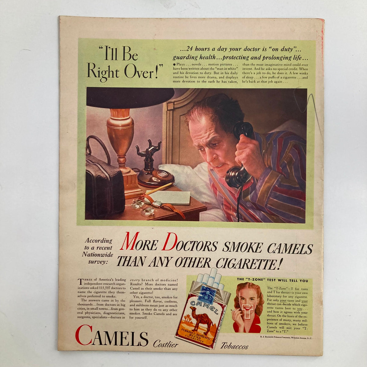 Advertisement page from Look Magazine dated June 11, 1946, promoting Camel cigarettes. The vintage illustration depicts a man on the phone in his pajama, emphasizing a health-related message typical of the era's advertising.