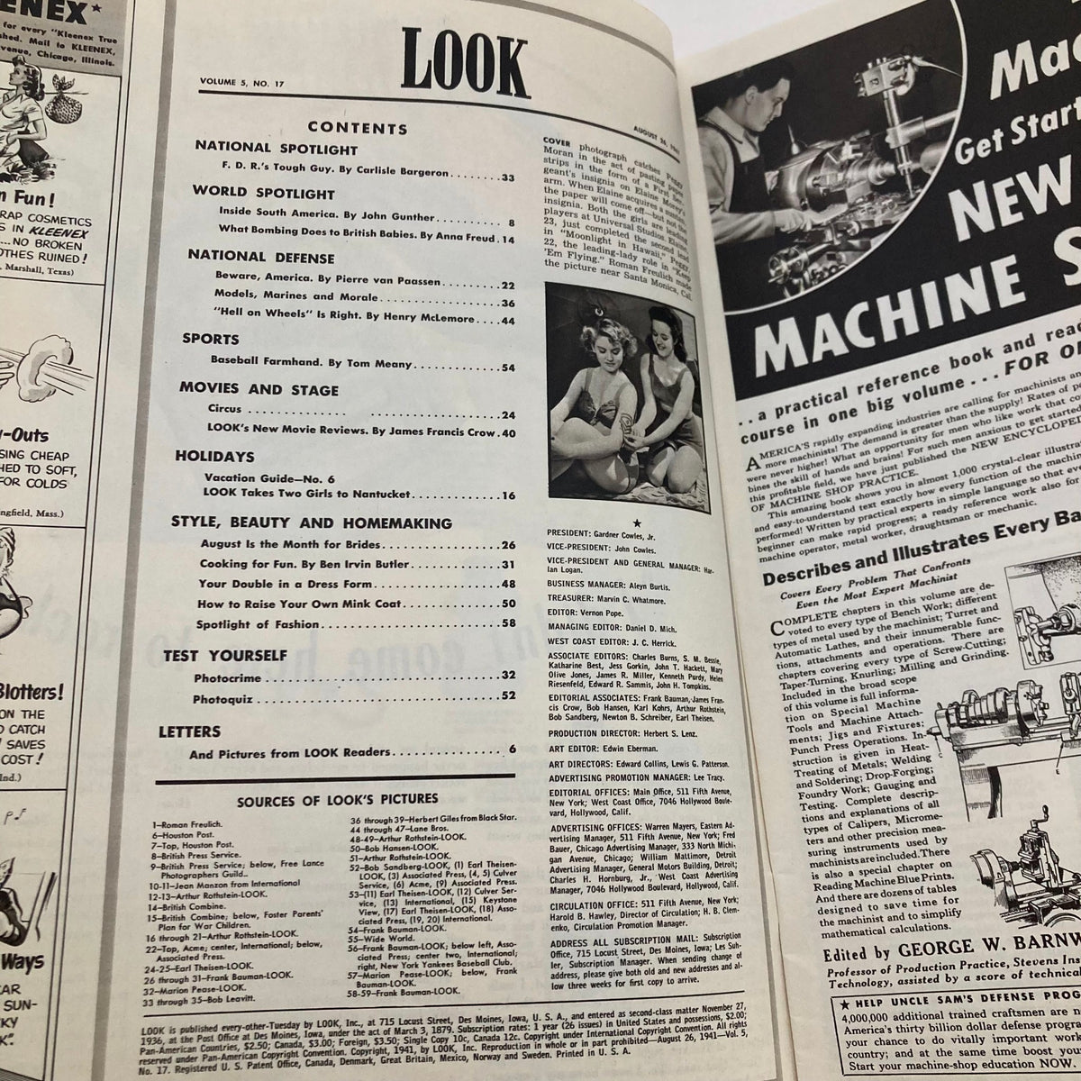 Interior page of VTG Look Magazine August 26 1941 showcasing the contents section and articles including national spotlight, movies, and style beauty features.