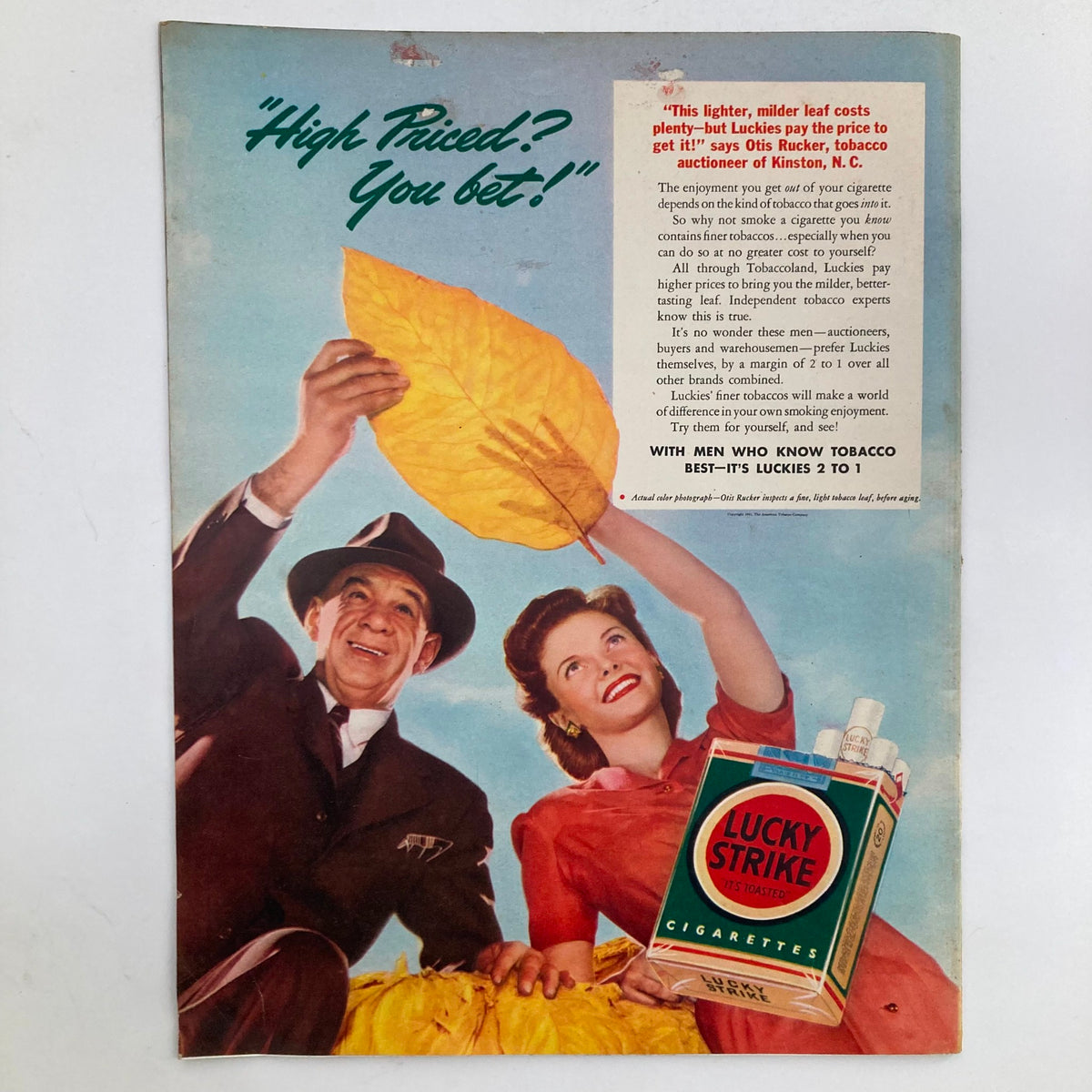 Advertisement from VTG Look Magazine August 26 1941 featuring a man and a woman promoting Lucky Strike cigarettes with a vibrant autumn leaf background.