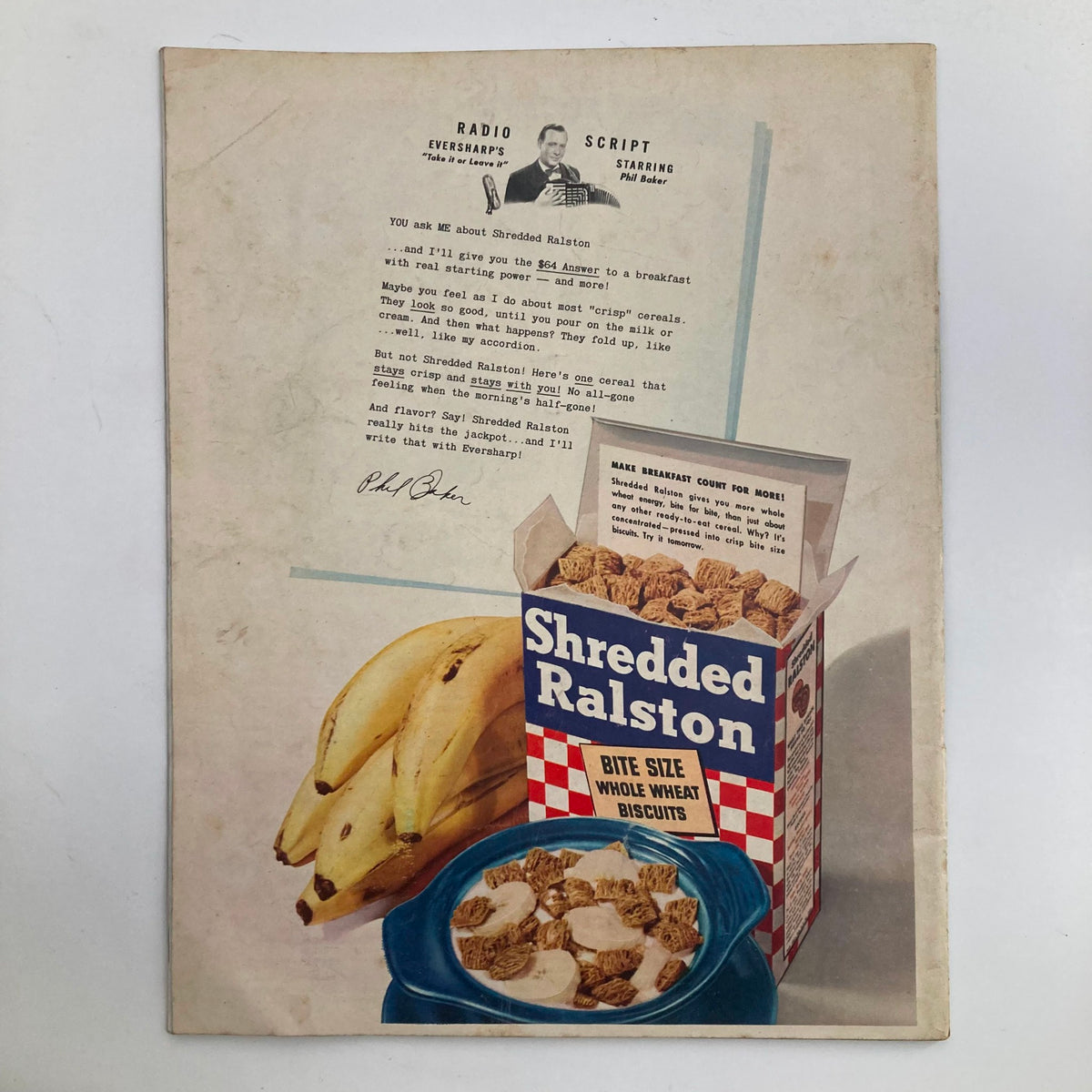 Vintage advertisement for Shredded Ralston cereal, featuring a bowl of cereal with bananas and a box of Bite Size Whole Wheat Biscuits, from Look Magazine April 3, 1945.