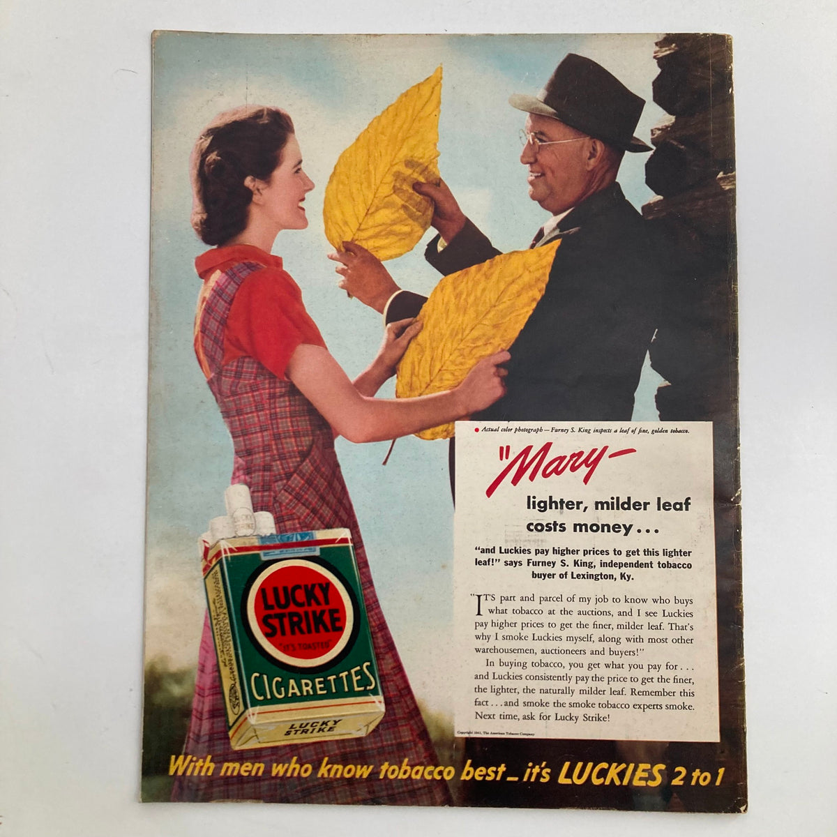 Back cover of VTG Look Magazine April 22 1941 featuring a vintage advertisement for Lucky Strike cigarettes, highlighting a light and mild tobacco theme with actors posing with large tobacco leaves.