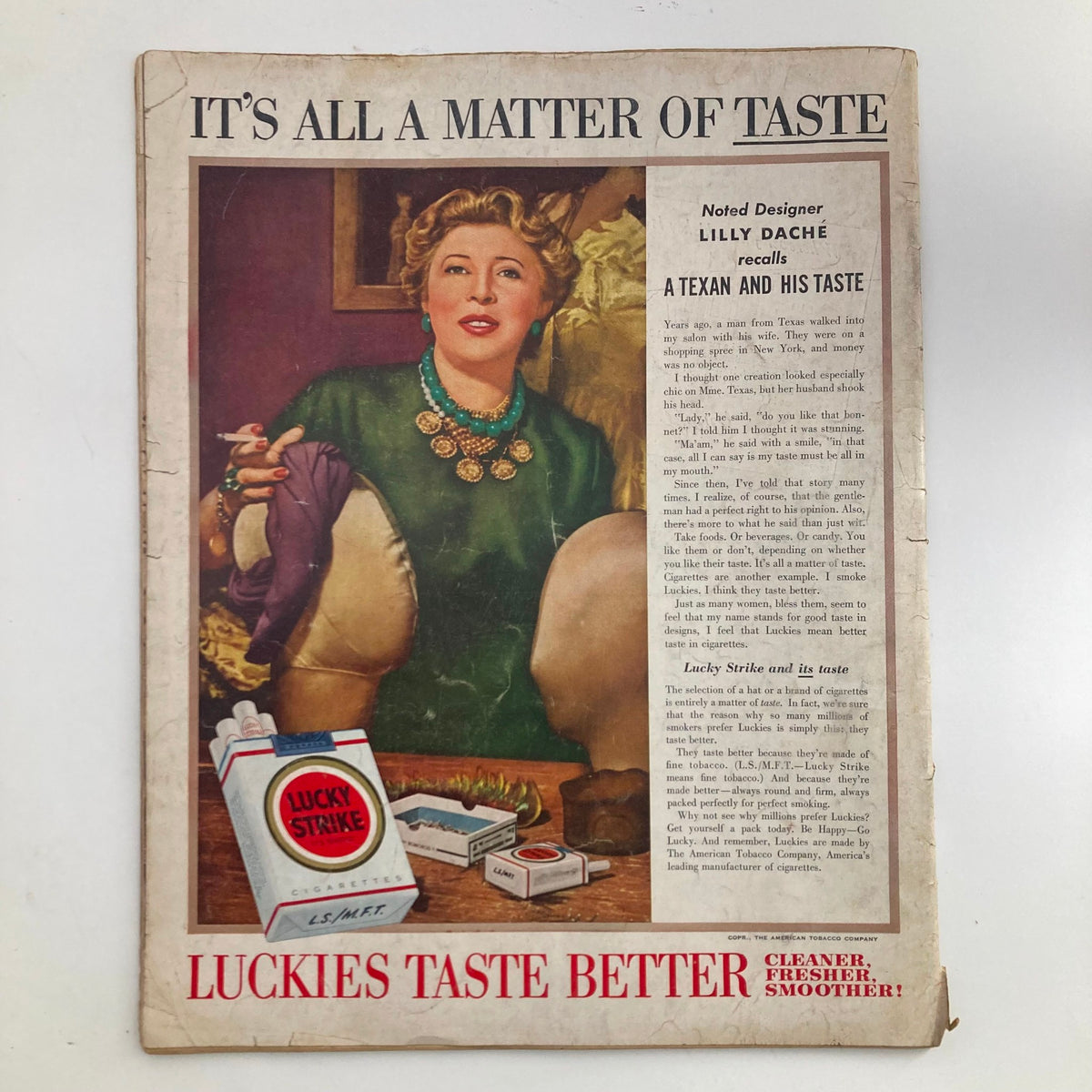 Cover of VTG Look Magazine April 6 1954 featuring a woman with jewelry and cigarette, alongside advertisement for Lucky Strike cigarettes, illustrating mid-20th century fashion and culture.