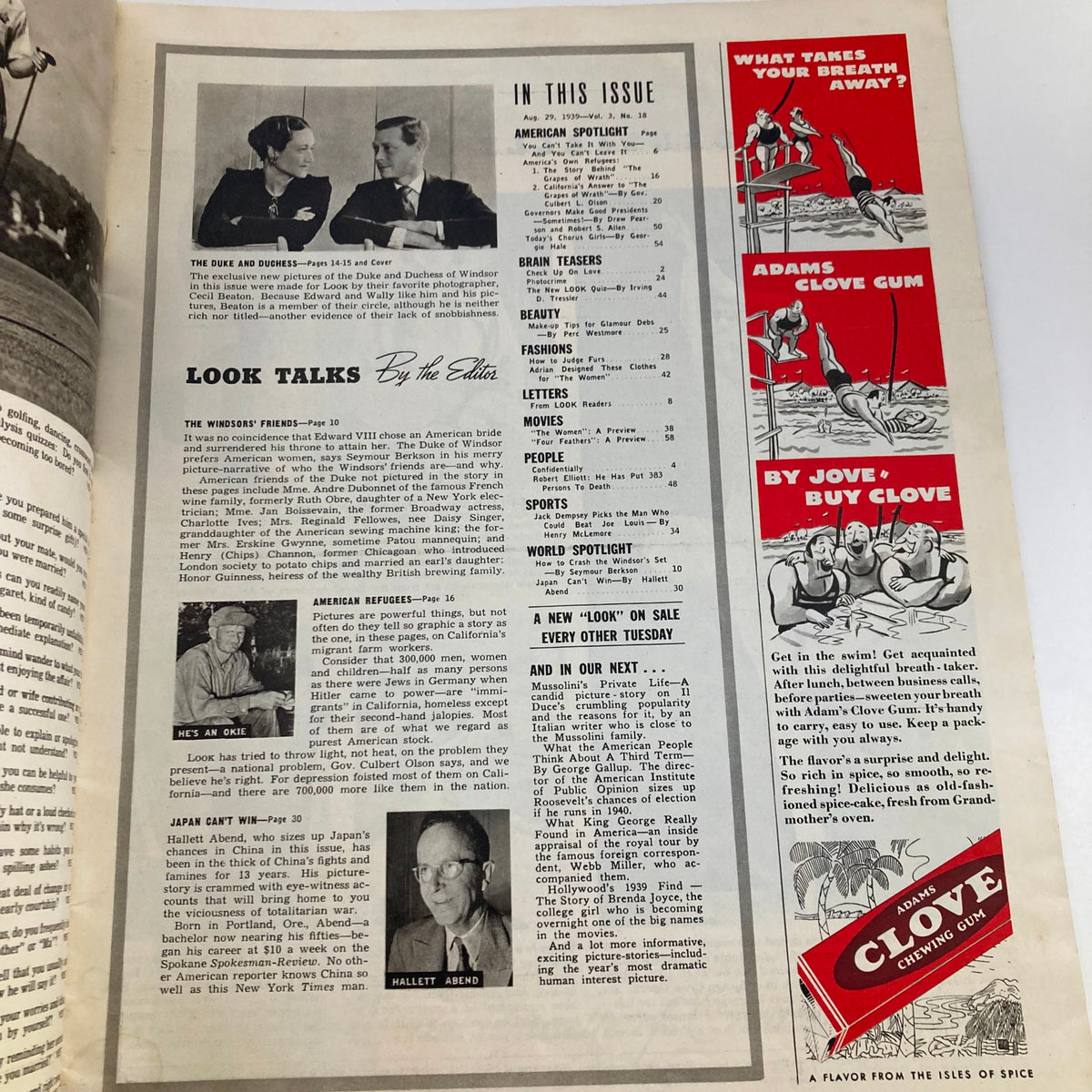 Another inside page of VTG Look Magazine August 29, 1939 displaying editorial content and advertisements, capturing the essence of 1930s American culture.