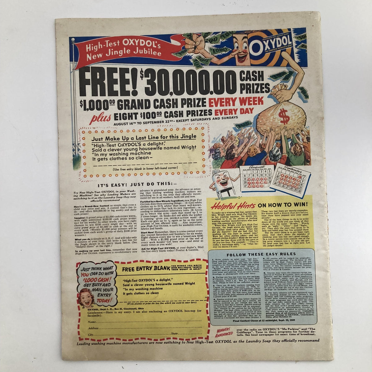 Back cover of VTG Look Magazine August 29, 1939 featuring an advertisement for OXYDOL laundry soap, reflecting vintage marketing strategies from the era.