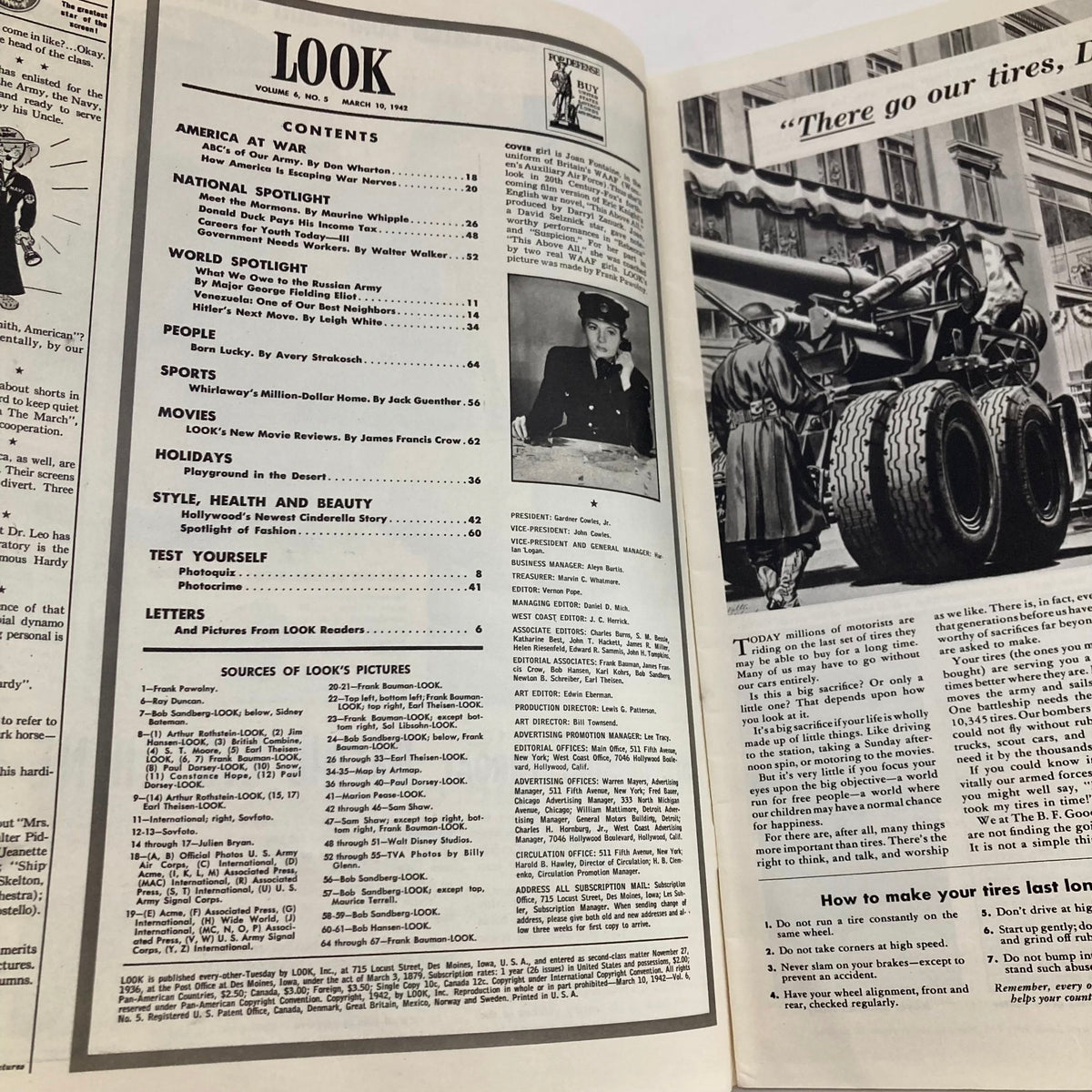 Interior pages of VTG Look Magazine March 10 1942 featuring content highlights, including articles on America at War, sports, fashion, and health, accompanied by a photo of a woman in uniform, showcasing the magazine's unique historical context and style.