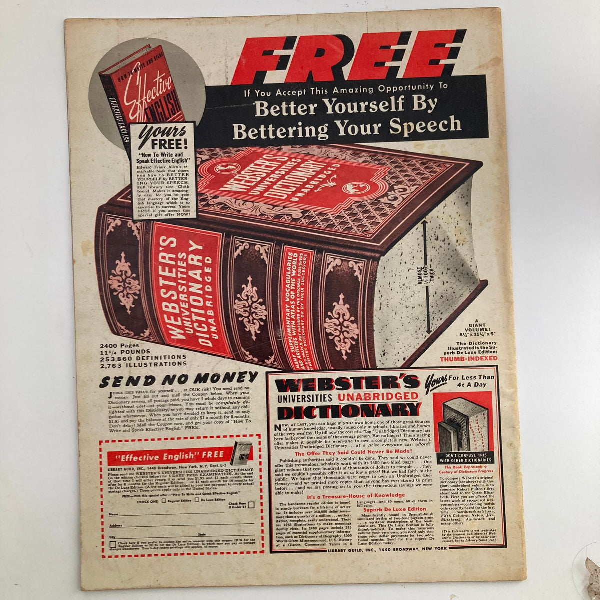 Cover of VTG Look Magazine March 10 1942 featuring an advertisement for Webster's Universities Unabridged Dictionary with illustrations and text promoting language improvement.