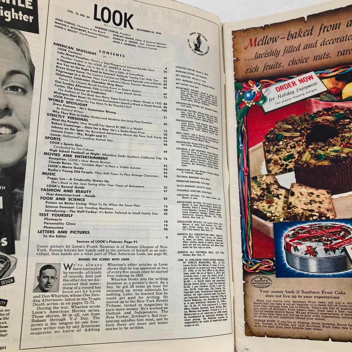 Interior page of VTG Look Magazine November 26 1946 displaying the table of contents and article listings from the magazine.