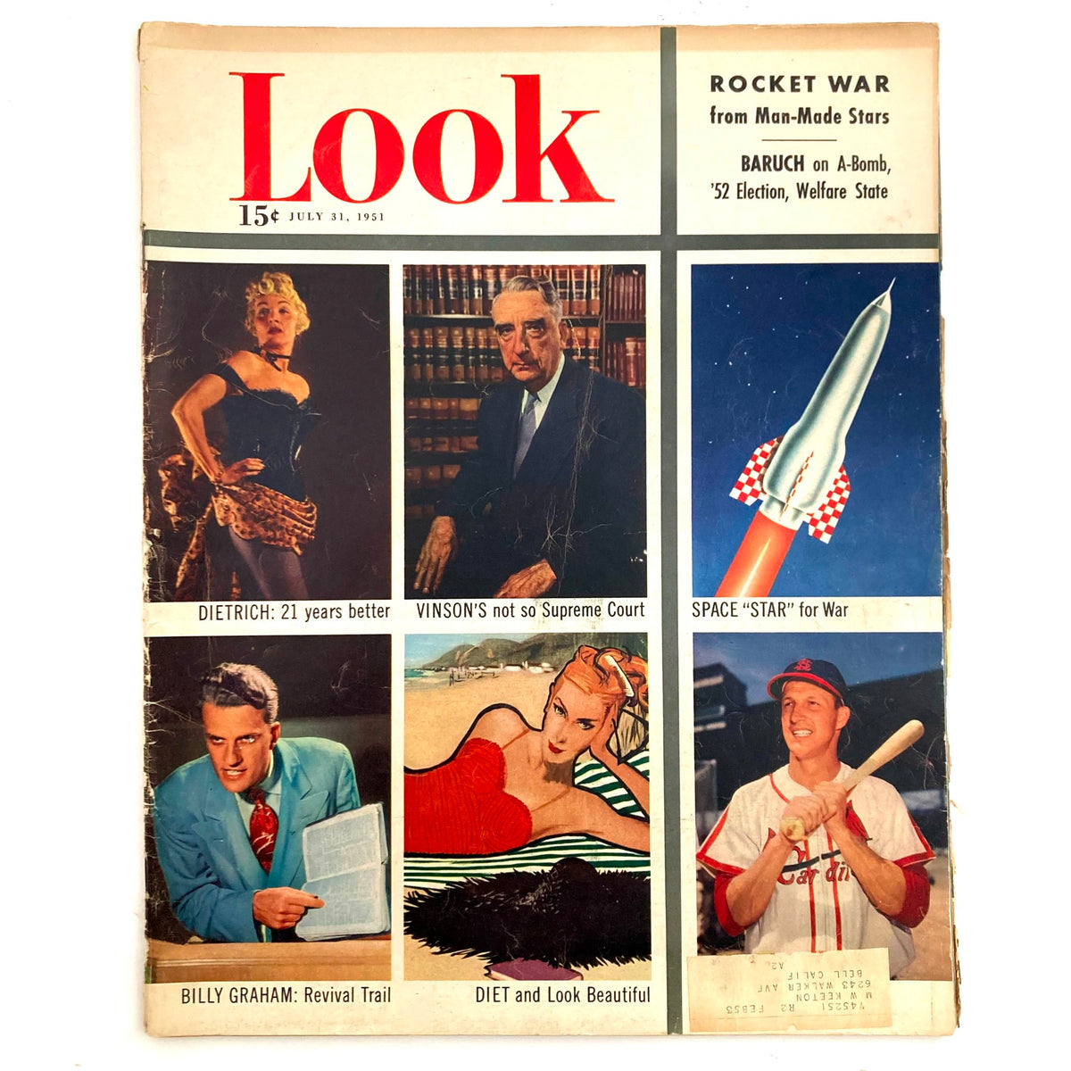 Look Magazine cover from July 31, 1951 featuring Marlene Dietrich, Maurice Terrell, and Billy Graham, showcasing topics like diet, the space race, and Supreme Court insights.