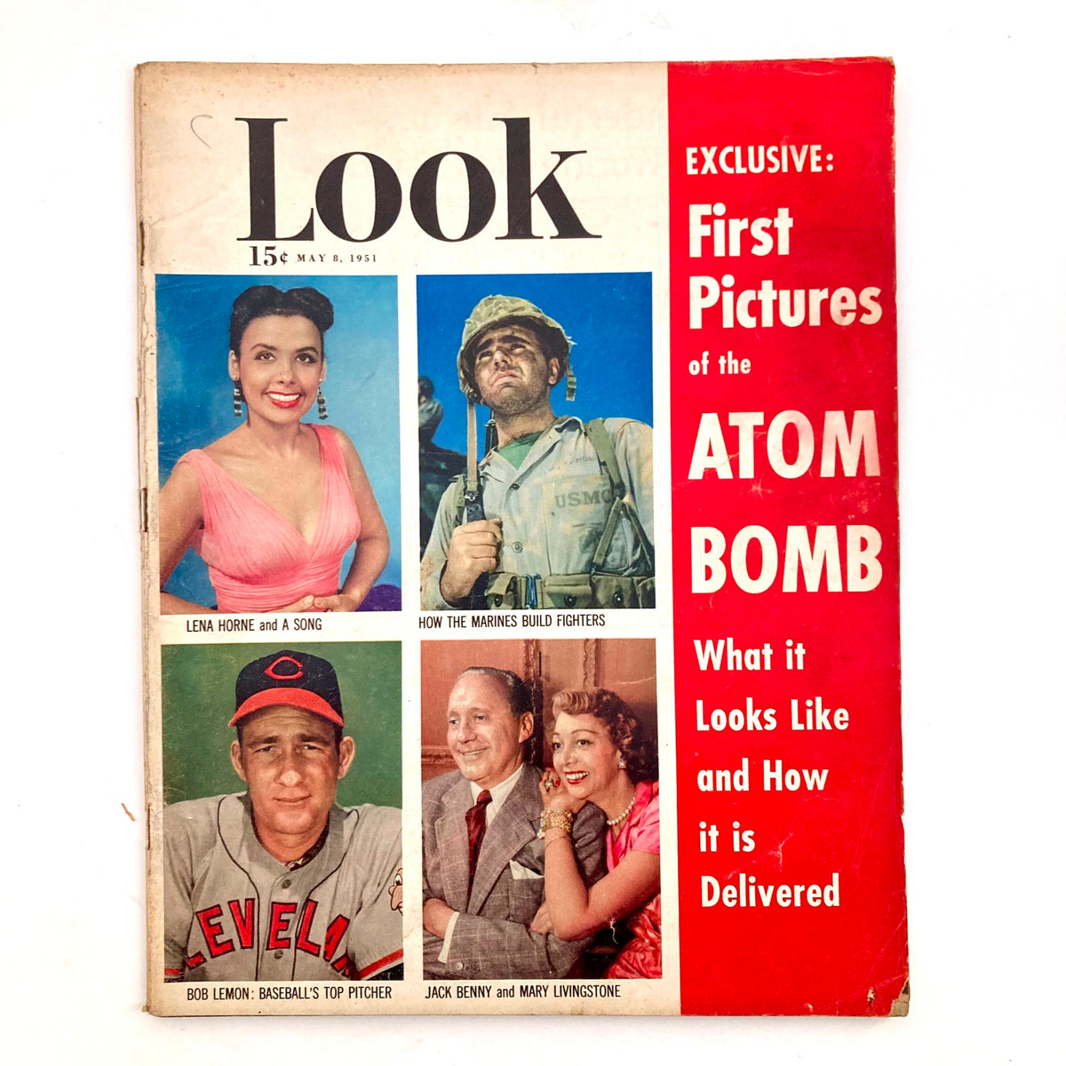 VTG Look Magazine May 8 1951 cover featuring Jack Benny and Mary Livingstone, with articles about Lena Horne, military fighters, and Bob Lemon.