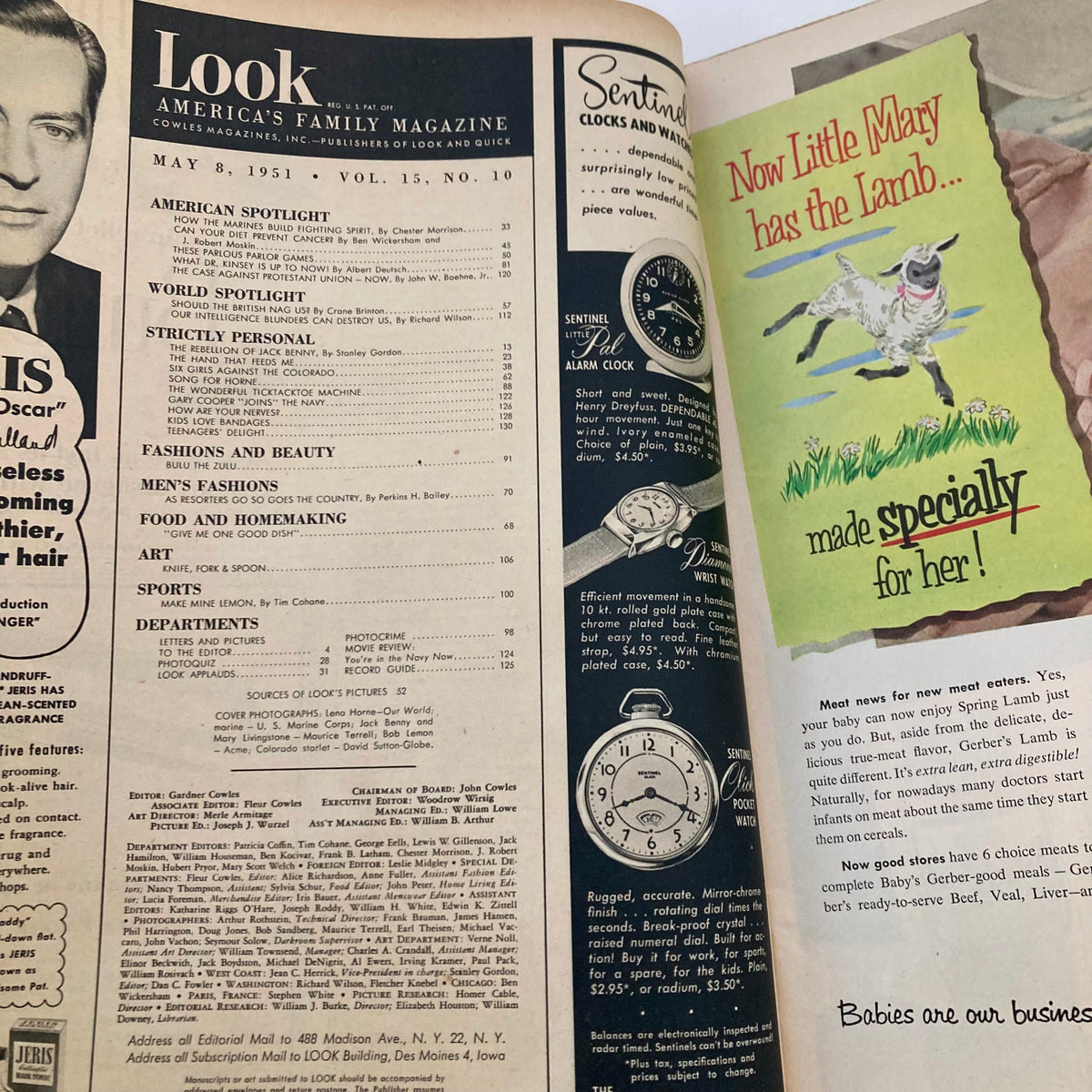 Interior page of VTG Look Magazine May 8 1951 showcasing the table of contents, including features on fashion, food, and sports.
