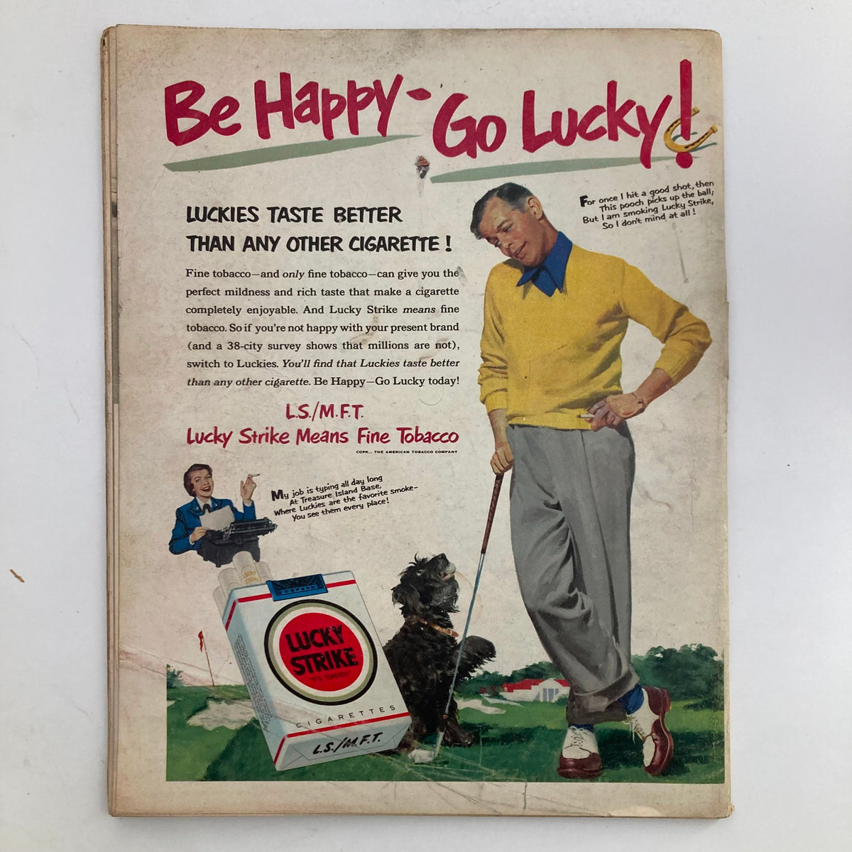 Vintage advertisement from Look Magazine May 8, 1951 featuring a man in a yellow sweater promoting Lucky Strike cigarettes. The ad includes eye-catching graphics and illustrations of a dog, conveying a nostalgic feel of mid-century America, relevant to the magazine's theme with Jack Benny and Mary Livingstone on the cover.