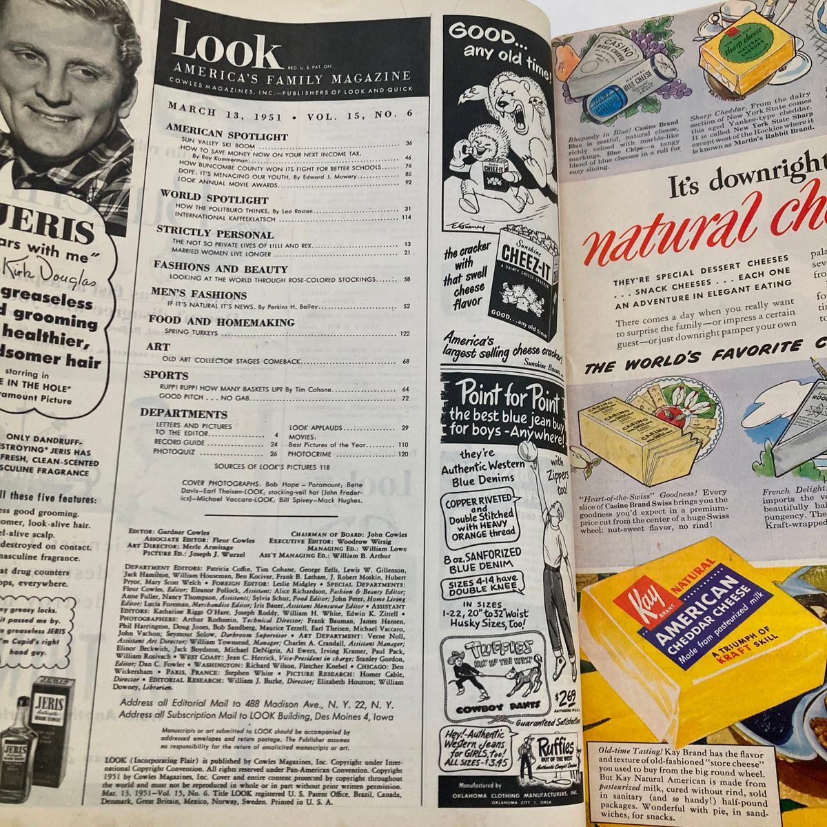 Inside spread of VTG Look Magazine March 13 1951, showcasing the table of contents with various articles on culture, fashion, and more from the early 50s.