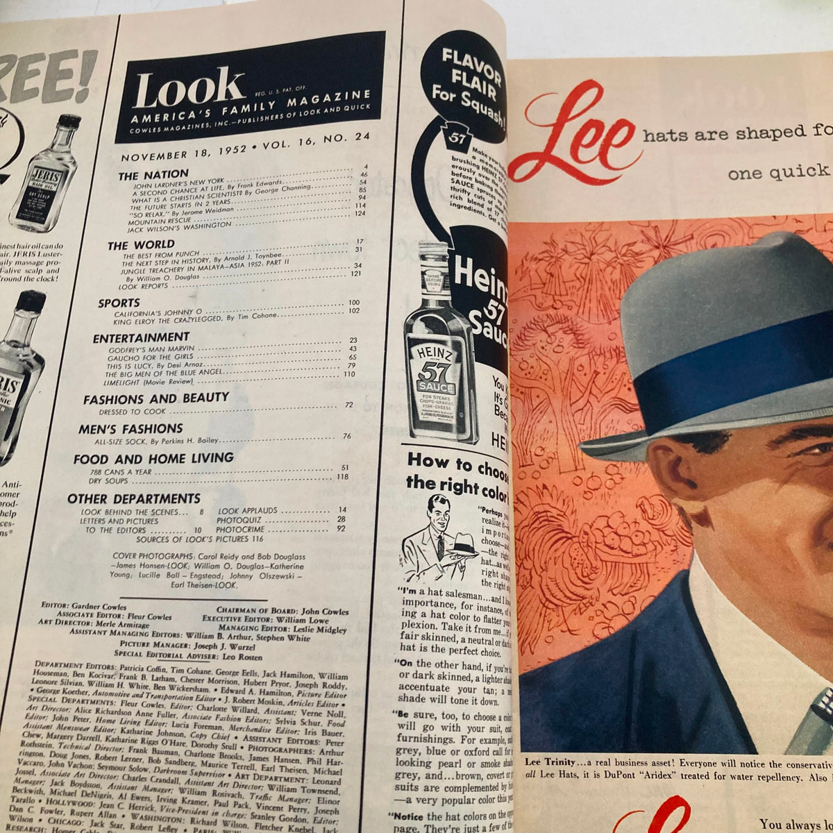 Inside page of VTG Look Magazine November 18, 1952 showcasing the table of contents, featuring sections on sports, entertainment, and fashion.