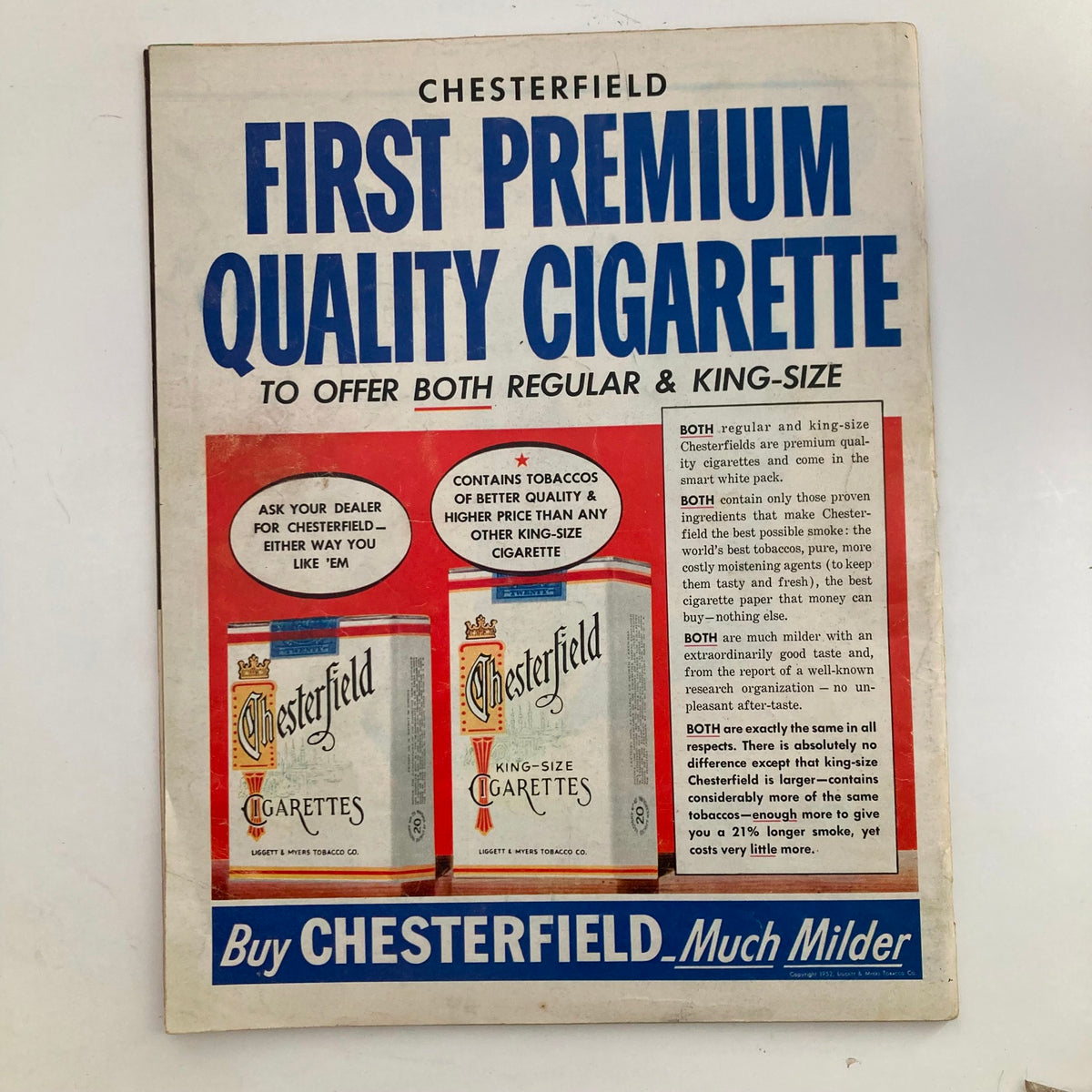Back cover of VTG Look Magazine November 18, 1952 advertising Chesterfield cigarettes, promoting their quality and options for regular and king-size.