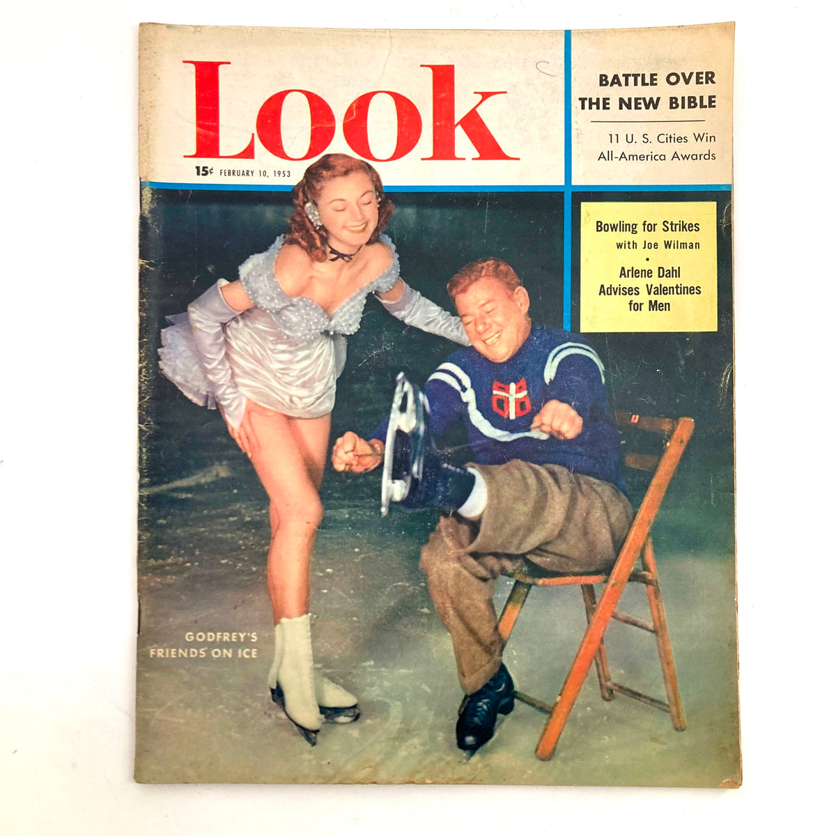 VTG Look Magazine February 10 1953 Cover featuring a young girl ice skating with Arthur Godfrey. Classic vintage magazine highlighting 1950s entertainment.