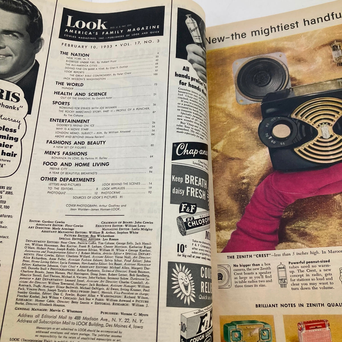 Inside pages of VTG Look Magazine February 10 1953 displaying the table of contents and advertisements, showcasing cultural trends and media from the early 1950s.