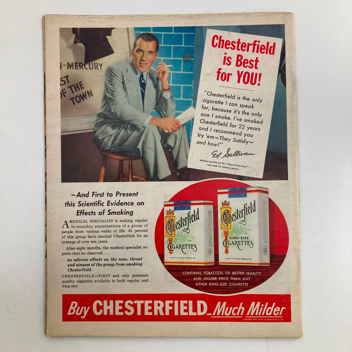 Back cover of VTG Look Magazine February 10 1953 featuring an advertisement for Chesterfield cigarettes with a vintage photo of a man promoting the product.