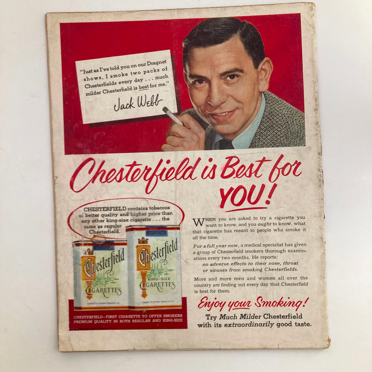 Back cover of VTG Look Magazine May 10 1953 featuring advertisement for Chesterfield cigarettes with a portrait of Jack Webb, emphasizing vintage advertising style.