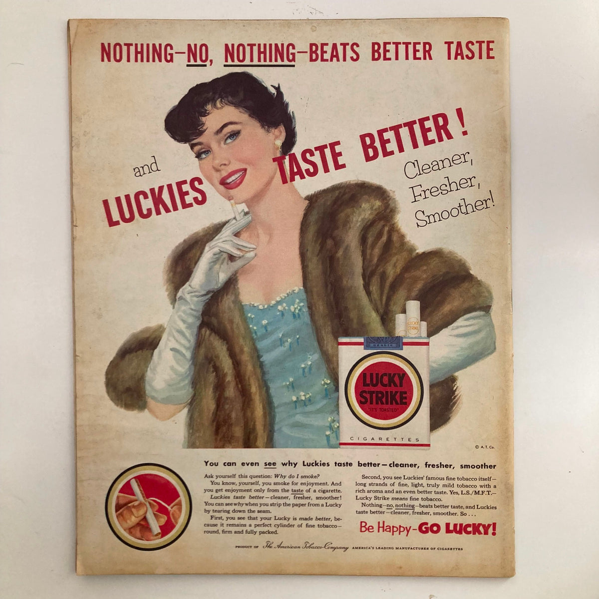 Cover advertisement from the VTG Look Magazine April 7, 1953, promoting Lucky Strike cigarettes with an elegant model, reflecting the vintage advertising style of the era.