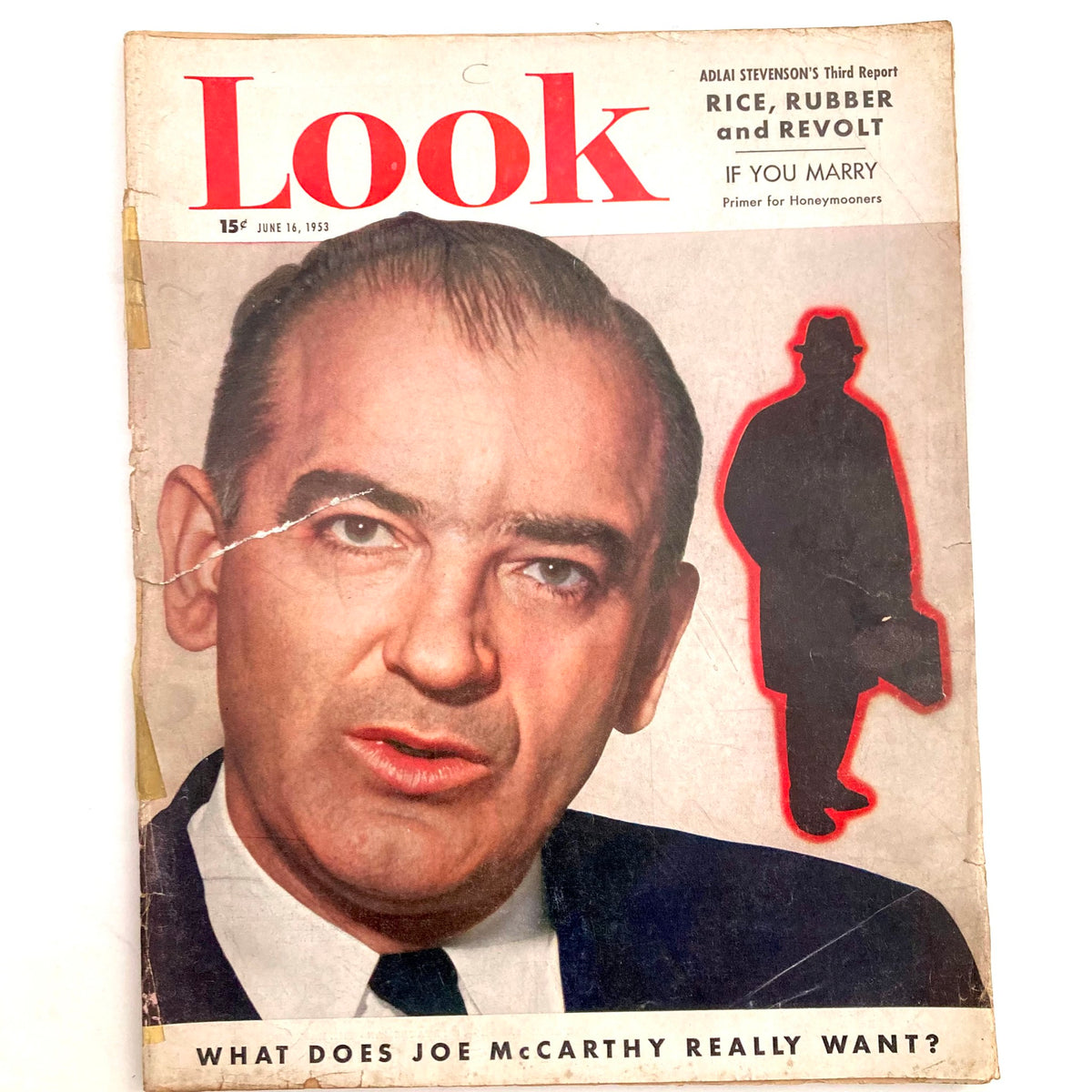VTG Look Magazine June 16 1953 featuring Senator Joseph R. McCarthy on the cover, with a striking photograph and bold title. The magazine includes discussions on political issues of the era.