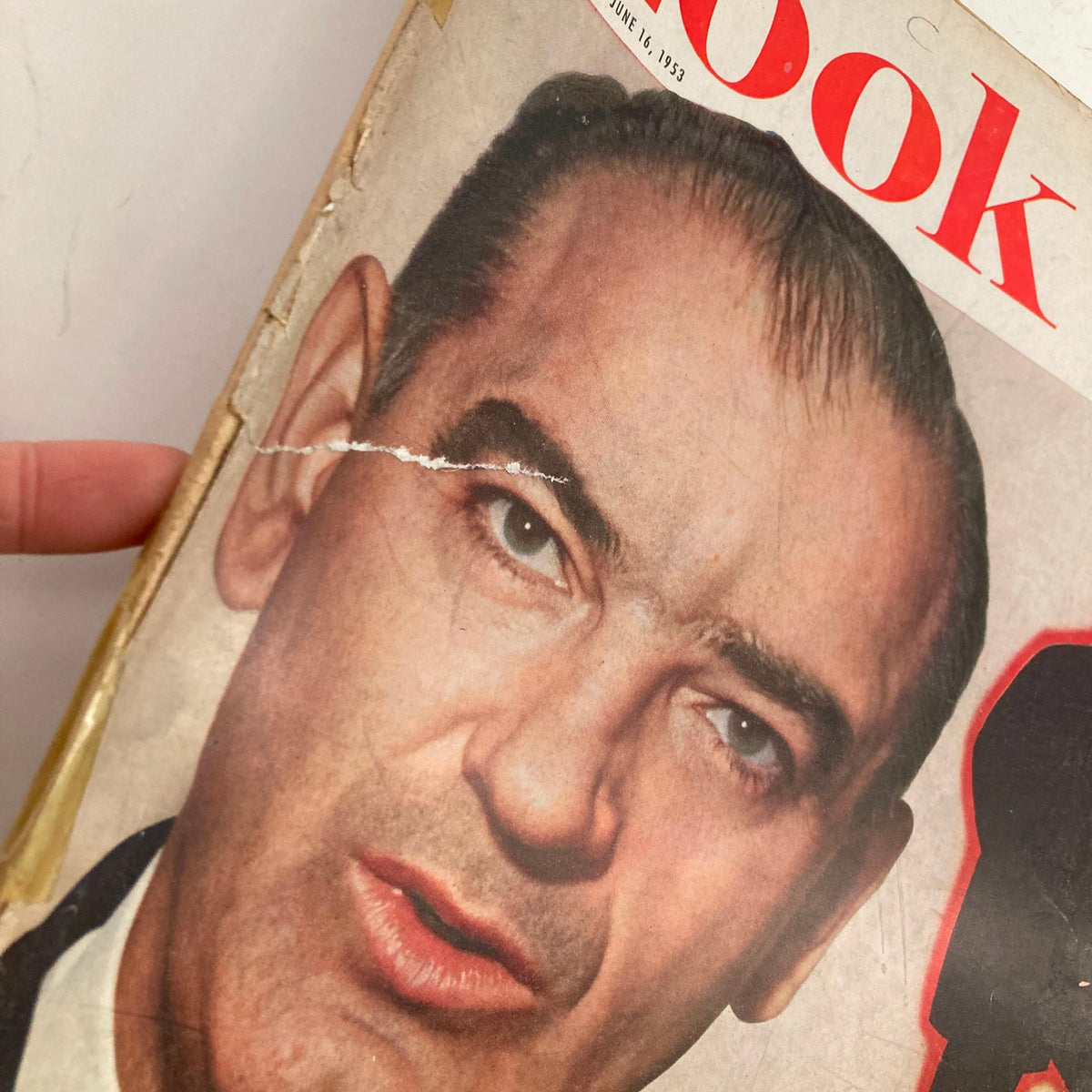 Close-up of the cover of VTG Look Magazine June 16 1953 featuring Senator Joseph R. McCarthy, showcasing vintage editorial design and wear.